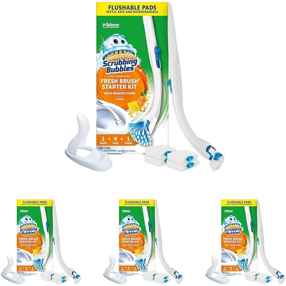 Buy now Scrubbing Bubbles Toilet Bowl Brush and Holder with Cleaner Refill Pads, Fresh Brush Toilet Wand Starter Kit, Cleans Limescale & Fights Odors, Citrus Scent, 1 Wand + 4 Refills + 1 Stand 1 Count (Pack of 4) Starter Kit at indiglob india