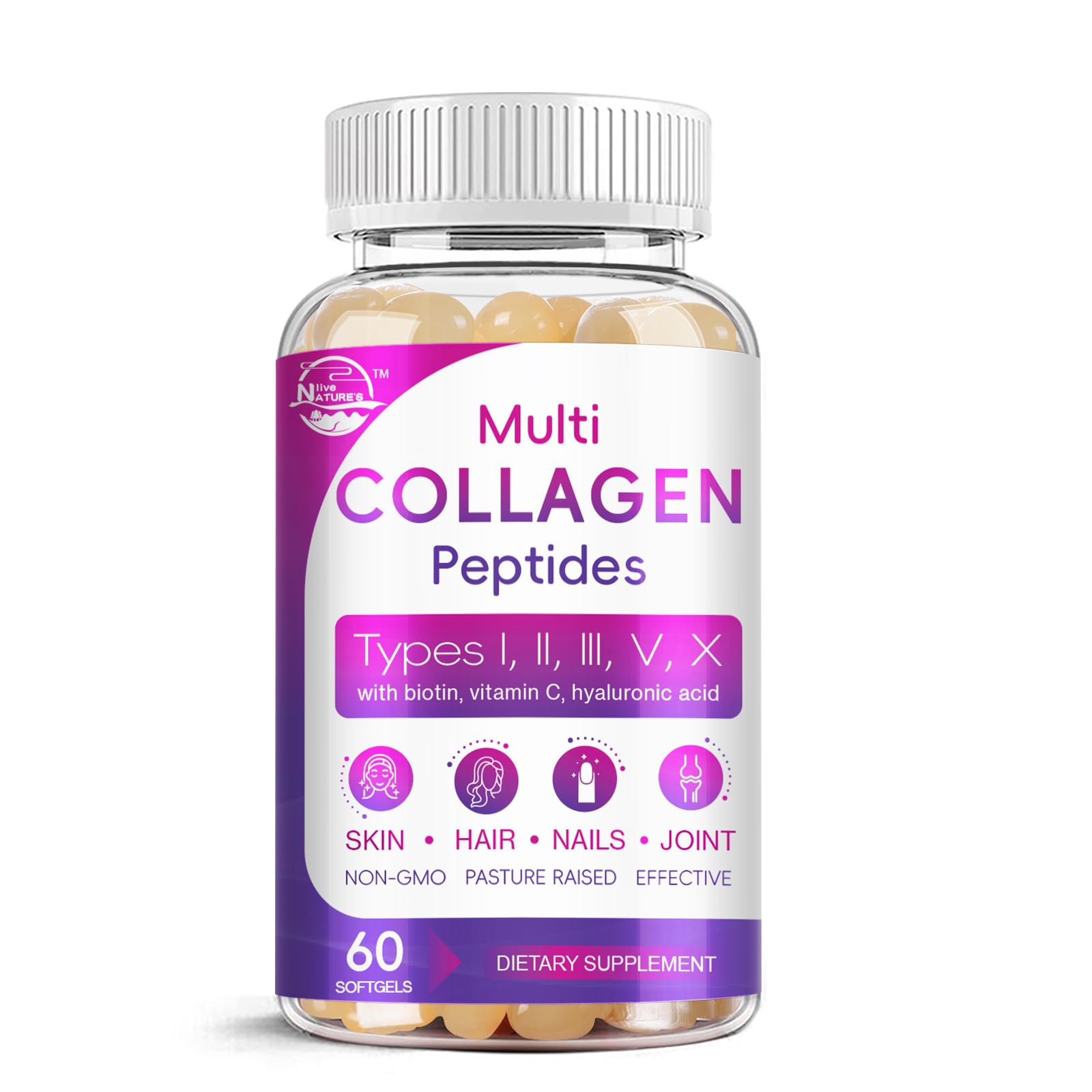 Nature's live Multi Collagen Peptides Softgel - Type I, II, III, V, X | Hydrolyzed Collagen Peptides with Biotin, Hyaluronic Acid, Supports Skin Hair Nail, Grass-Fed, 60 Softgels, 2 Pack