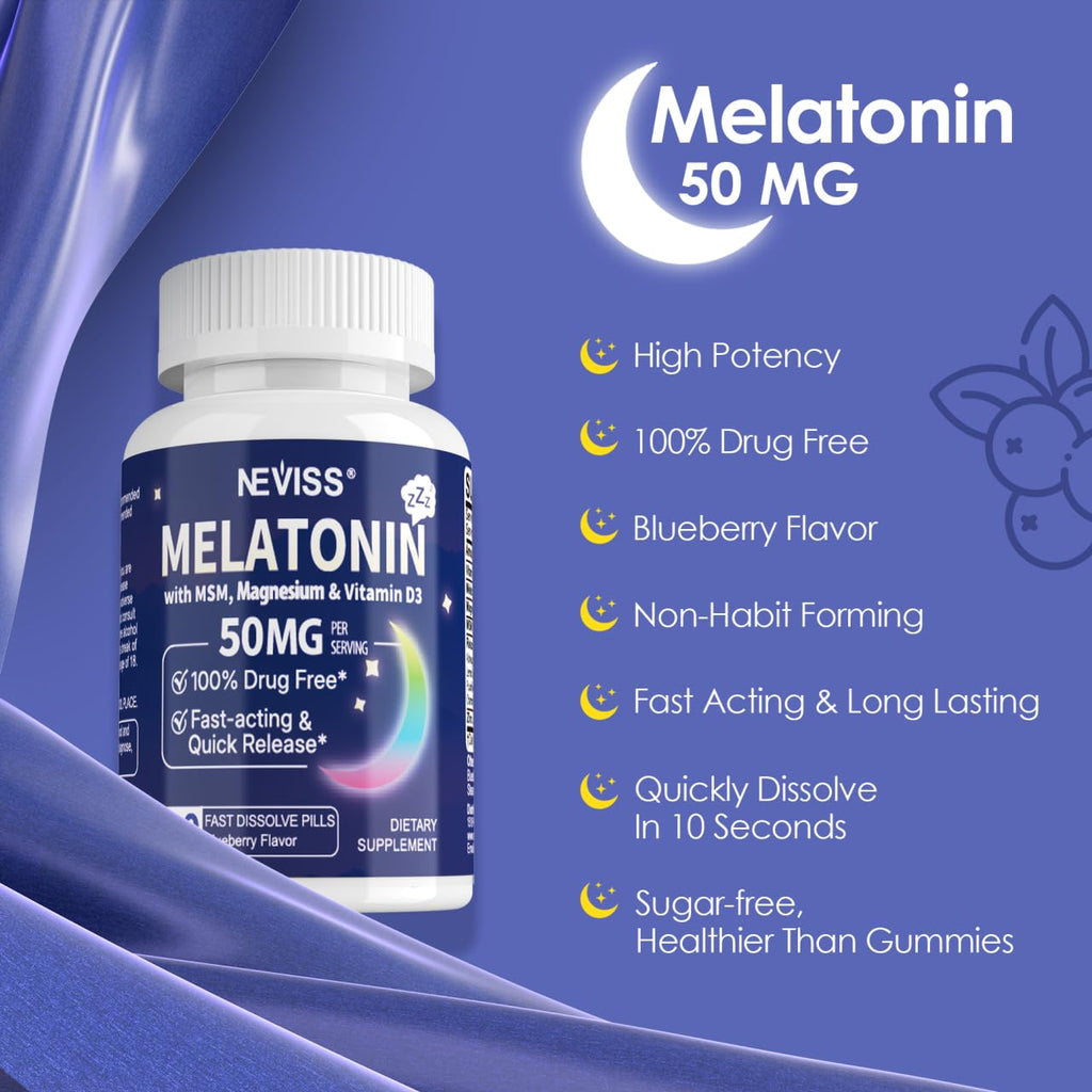 NEVISS Melatonin 50 mg for Adults - Extra Strength 9-in-1 Fast Dissolve Sublingual - High Dose with Magnesium Glycinate, Vitamin D3, Ashwagandha, Lemon Balm, Chamomile, Sugar Free, Vegan,60 Tablets
