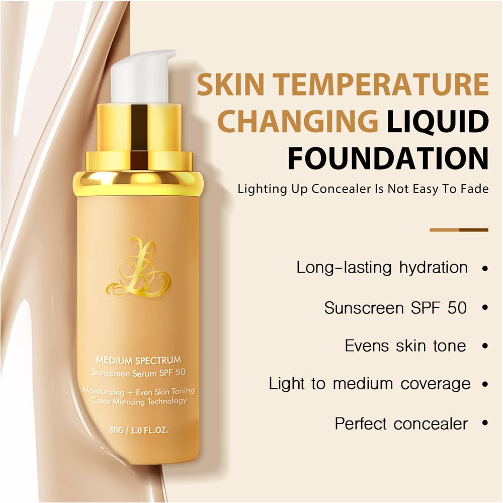 Foundation 4 in 1 - Color Changing Foundation, Medium Spectrum with SPF 50, Hypoallergenic Hydrating Liquid Concealer, Long-lasting & Waterproof Natural Finish - 1.0 fl oz