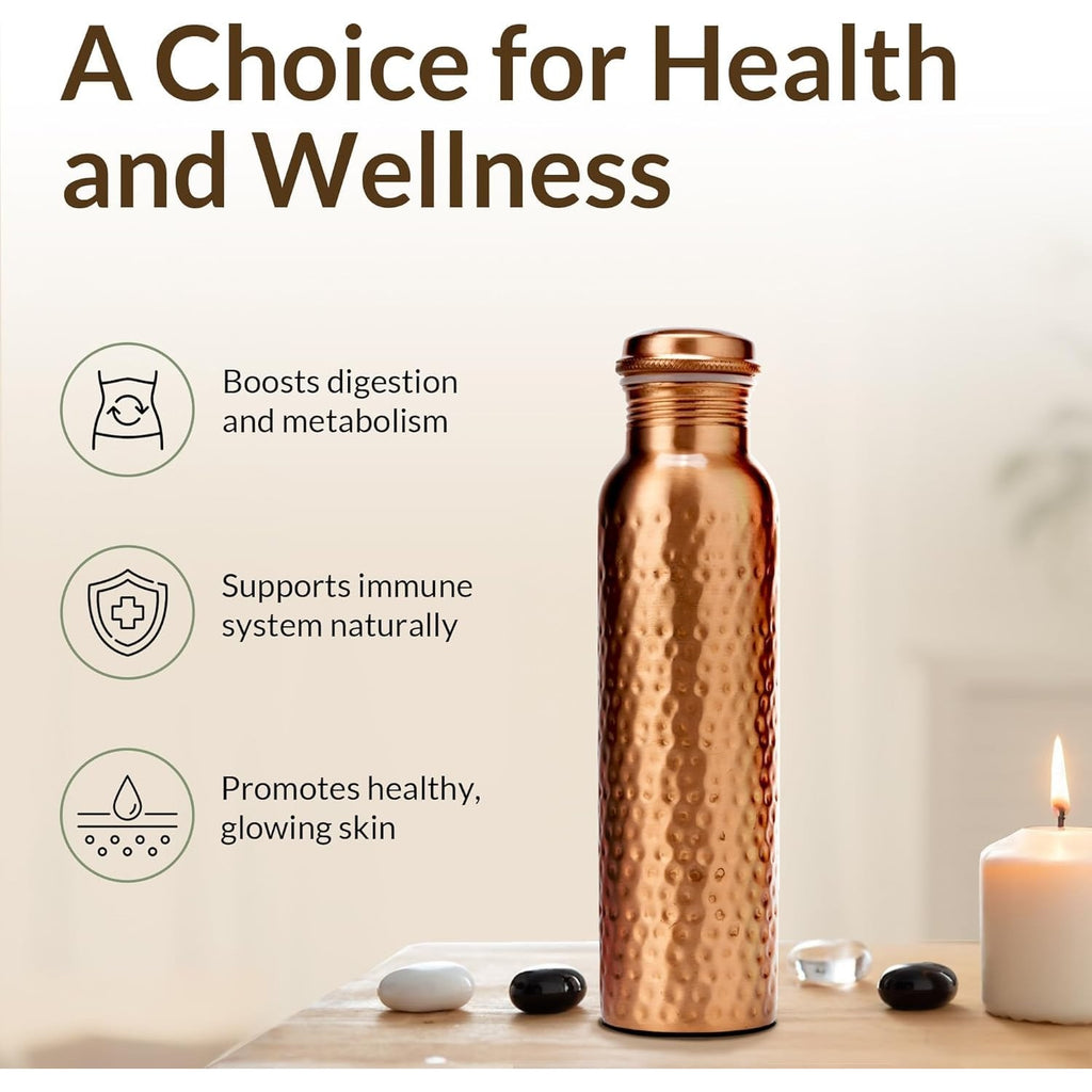 CLEO HOME 100% Pure Copper Water Bottle for Drinking, 34 Oz Hammered Ayurvedic Copper Bottle for Drinking Water | Leak-Proof & Eco-Friendly | For Yoga, Office, Travel with Canvas Carry Bag & Brush