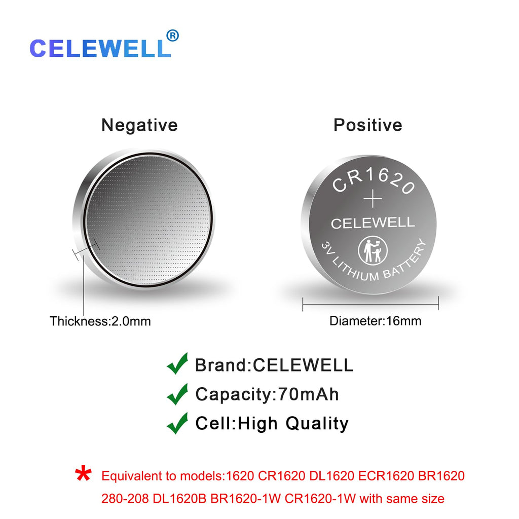 CELEWELL CR1620 5 Pack Key Fob Tracker 70mAh 3V Lithium Battery