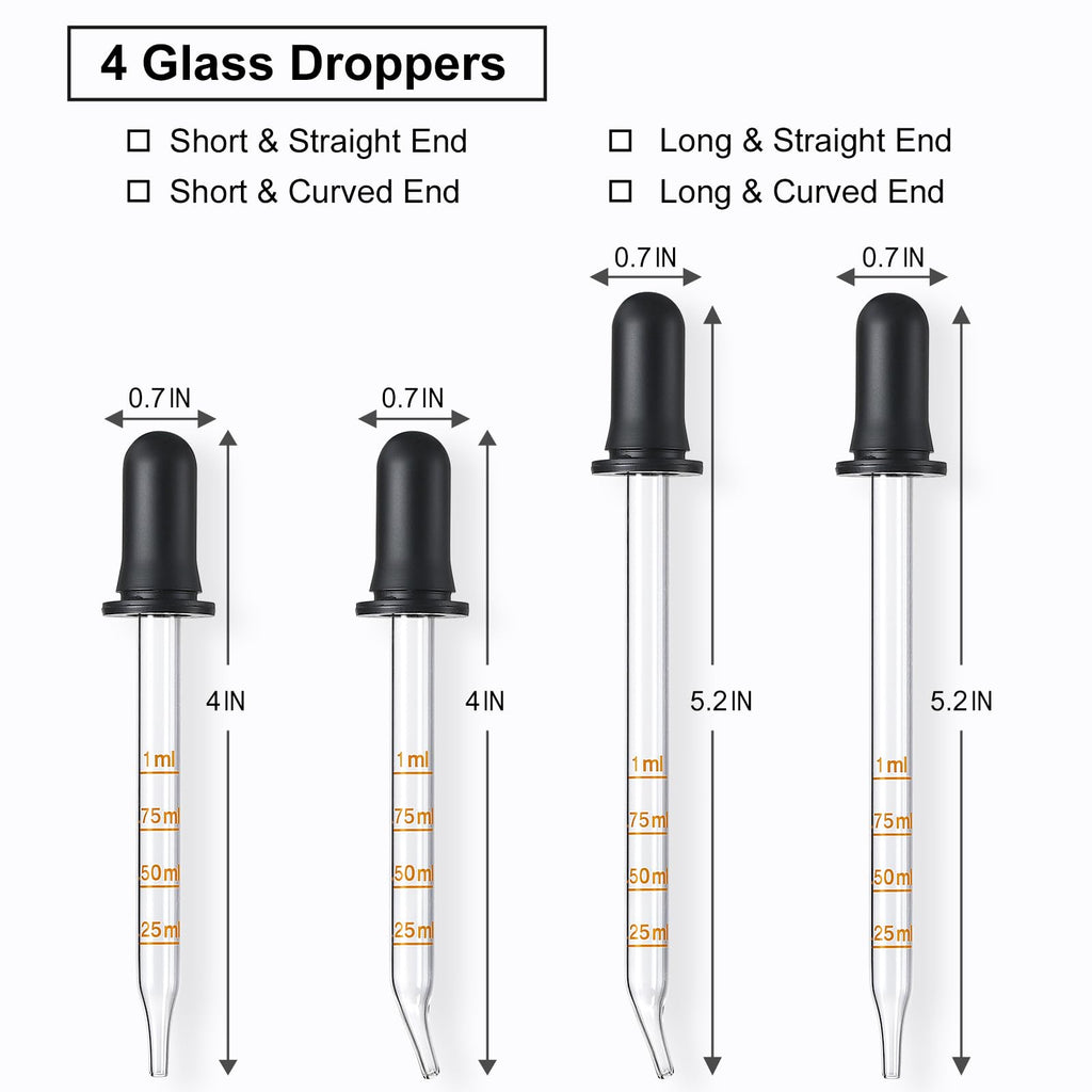 4 Pack, 1 mL Glass Eye Dropper with Measurement - Long & Short, Bent & Straight Tip Calibrated Glass Medicine Droppers, Accurate Dose Pipette Dropper for Essential Oils, Feeding, Ear, Lab, Health Care