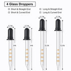 4 Pack, 1 mL Glass Eye Dropper with Measurement - Long & Short, Bent & Straight Tip Calibrated Glass Medicine Droppers, Accurate Dose Pipette Dropper for Essential Oils, Feeding, Ear, Lab, Health Care
