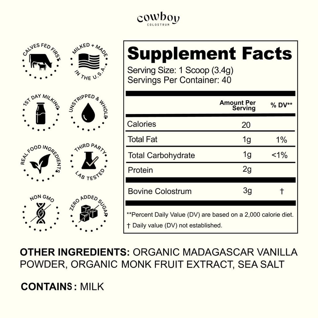 Cowboy - The Exclusive 1st Milking, Whole, Grass Fed Colostrum Supplement for Full Body Health - Bovine Colostrum Powder Packed w/Bioactive Nutrients - Sugar Free (Vanilla, 40 Servings)