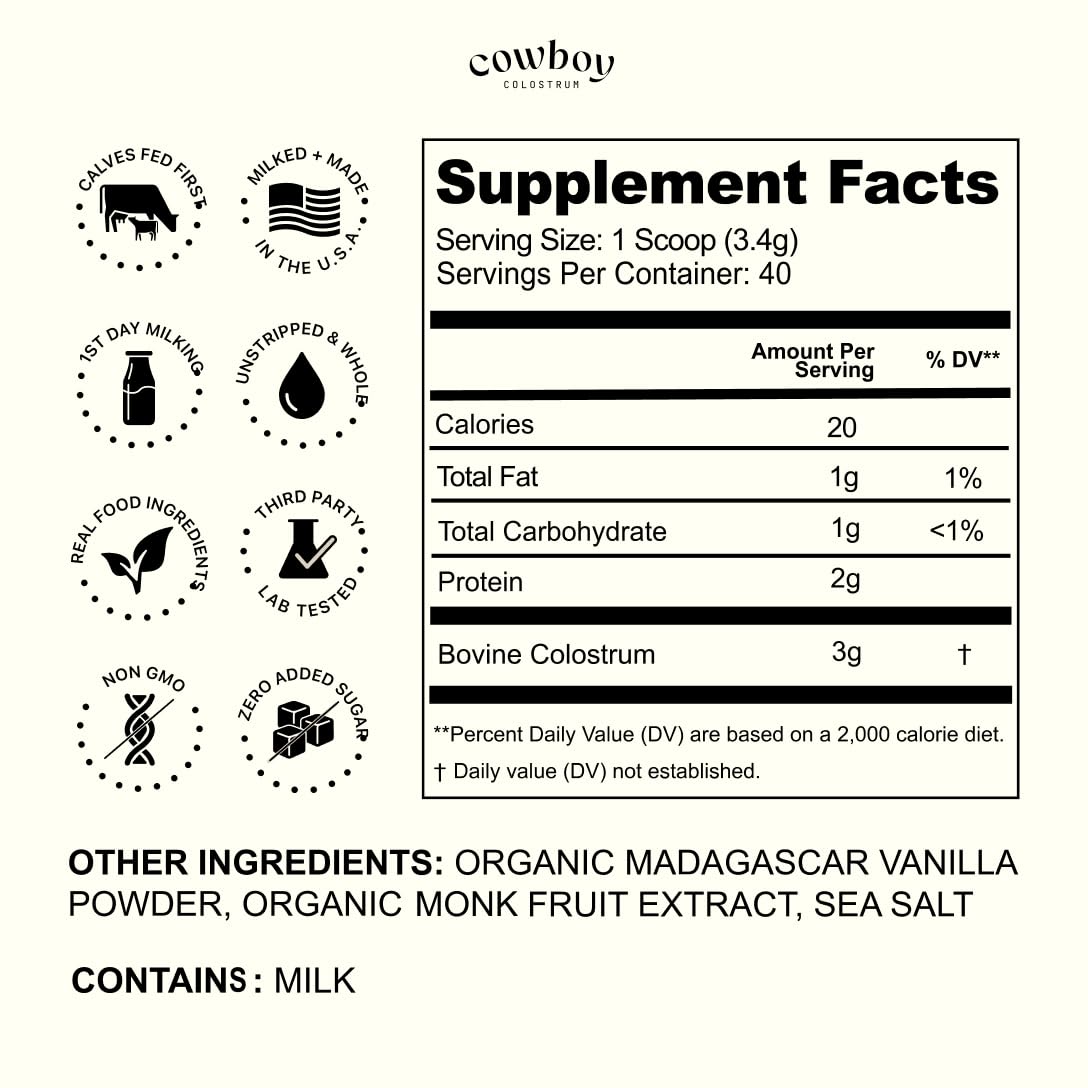Cowboy - The Exclusive 1st Milking, Whole, Grass Fed Colostrum Supplement for Full Body Health - Bovine Colostrum Powder Packed w/Bioactive Nutrients - Sugar Free (Vanilla, 40 Servings)