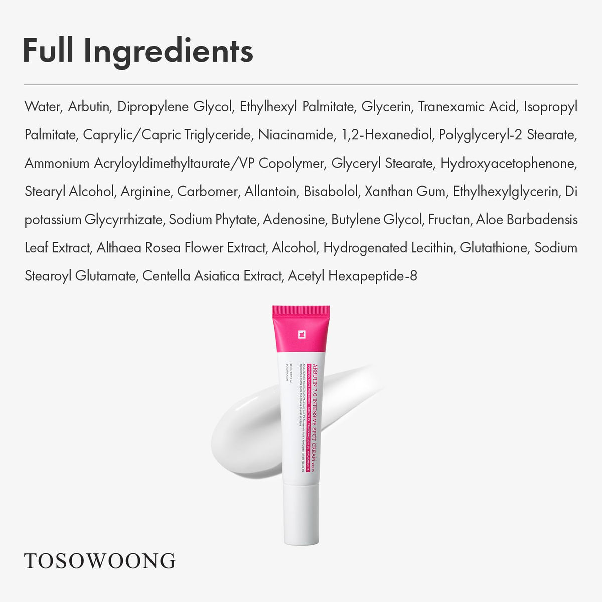 TOSOWOONG Arbutin 7% Intensive Spot Cream for Dark Spots, Freckles, Glow