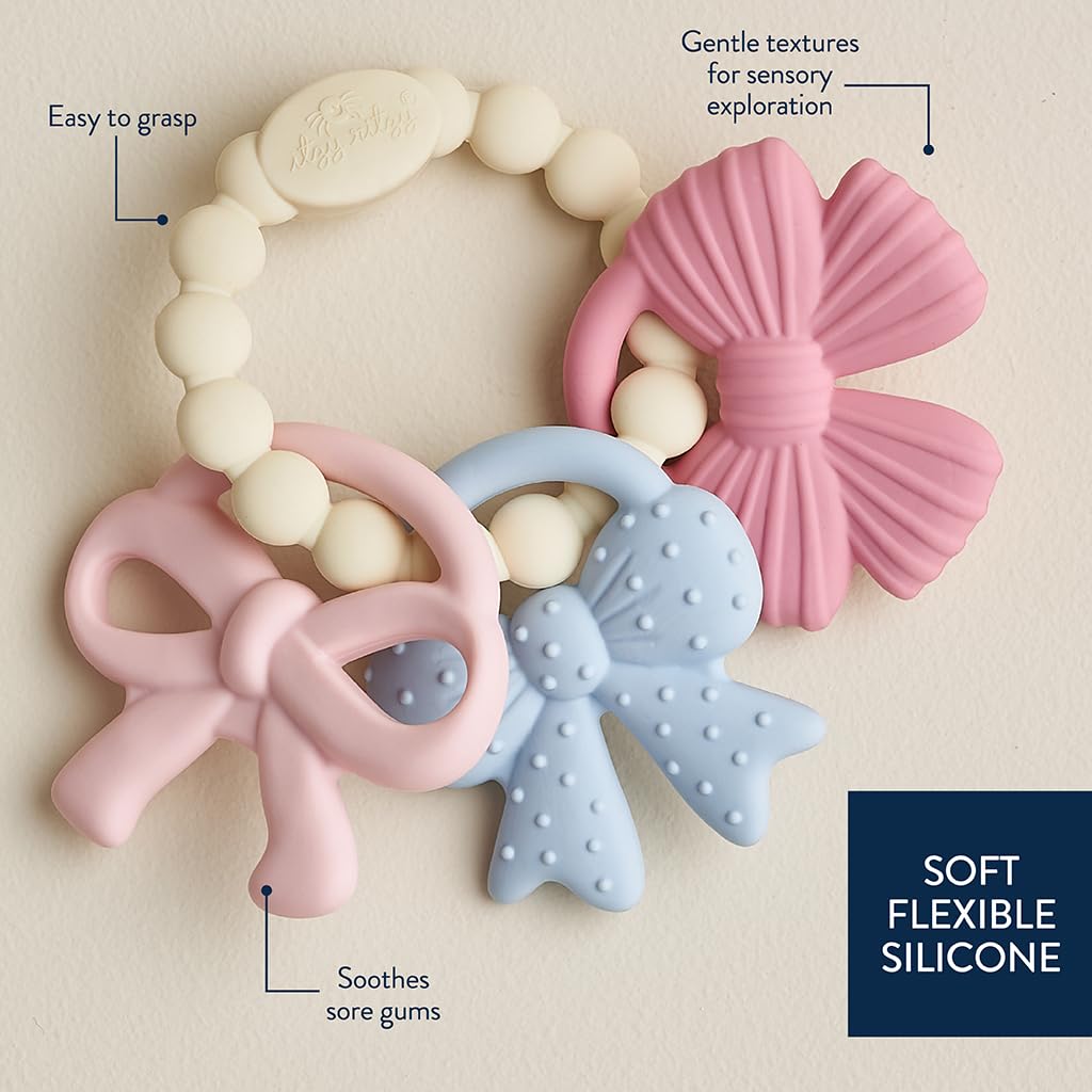 Itzy Ritzy Silicone Teether Trio, Textured Baby Teething Toys Rings (Bows)