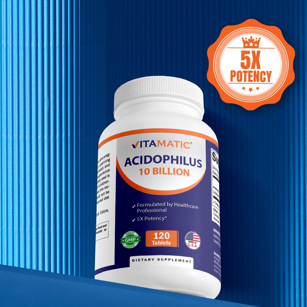 Vitamatic Acidophilus Probiotic - 10 Billion CFU - 5X Potency - Daily Probiotic Supplement, Supports Digestive Health - 120 Tablets