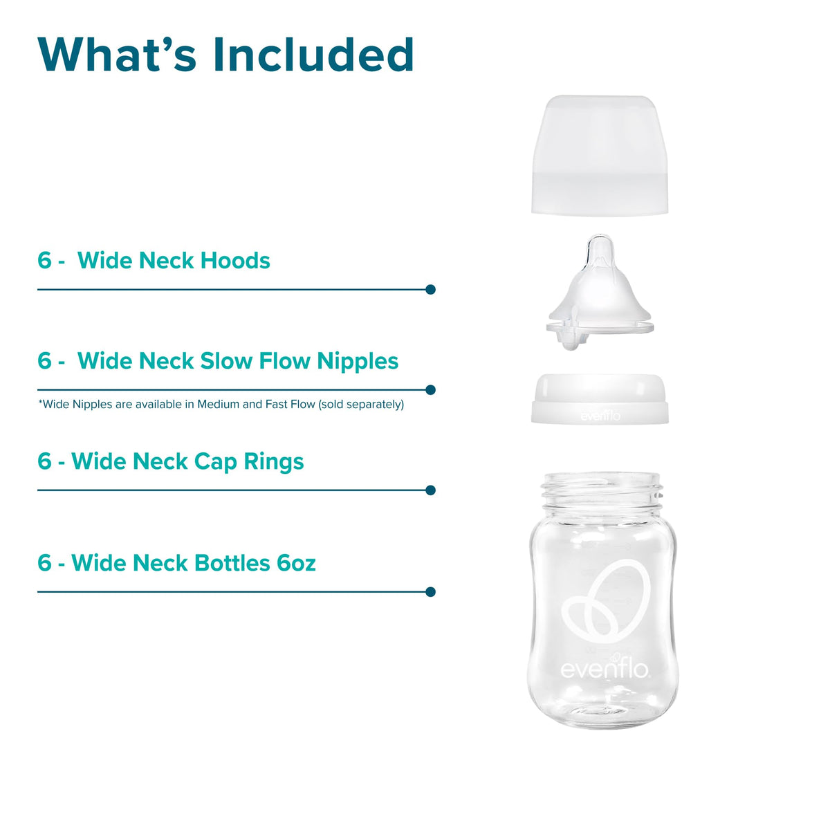 Evenflo Balance+ Glass Wide Neck Baby Bottles, Clear, 6 fl oz, 6 Pack