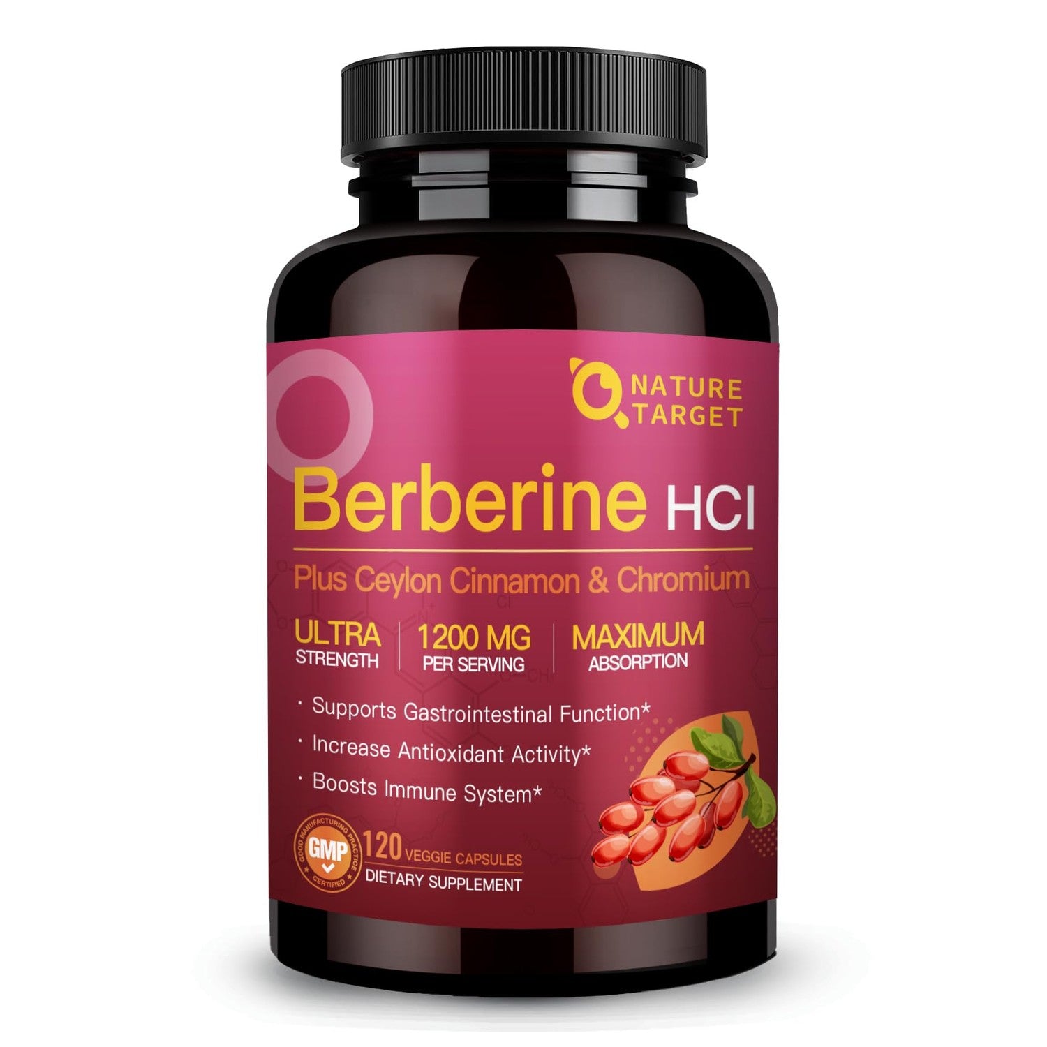 NATURE TARGET Berberine Supplement with Ceylon Cinnamon 1200mg, 120 Capsule | Berberine HCl with Chromium - Supports Immune, Gastrointestinal & Digestive Health, Non-GMO
