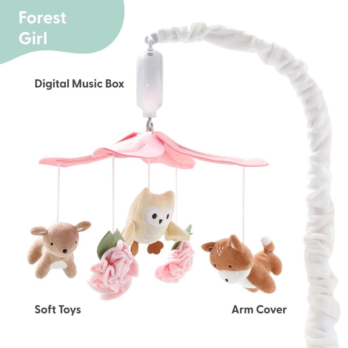 The Peanutshell Crib Mobile for Girls - Pink and White Musical Baby Crib Mobile with 12 Lullabies, Forest Baby Little Forest Nursery Decor