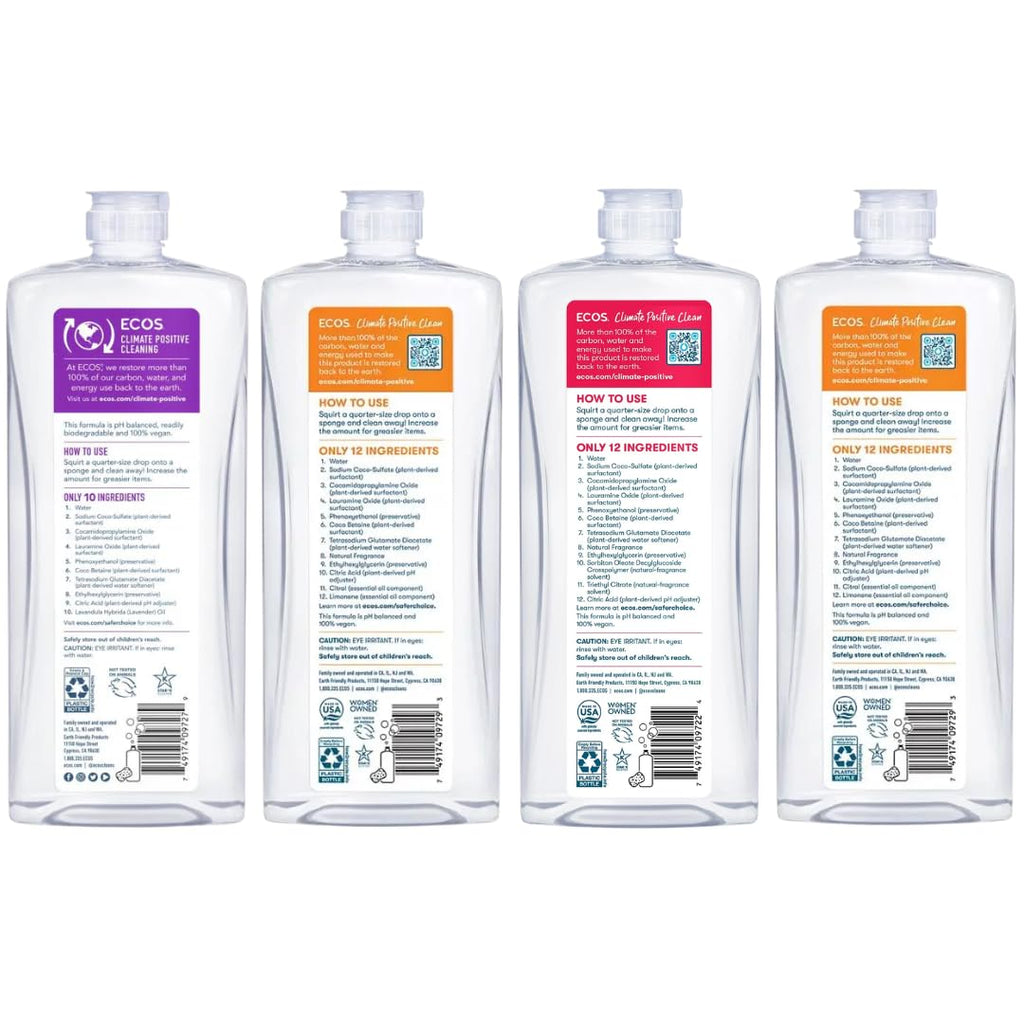 ECOS Plant Based Dish Soap Variety Pack - Natural Dishwashing Liquid Cuts Grease - Hypoallergenic for Sensitive Skin - Free & Clear, Lavender, Grapefruit, Pear - 25 Oz (4 Pack)