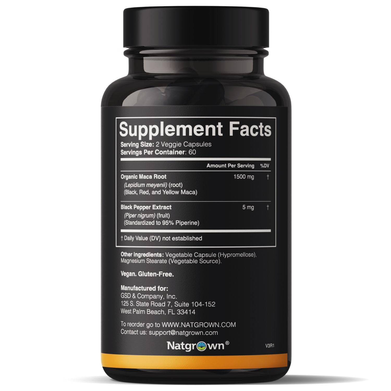 Natgrown Organic Maca Root Powder Capsules - Black, Red & Yellow - 120 ct | 1500 mg per Serving, Gelatinized Peruvian Maca Supplement for Men & Women - Non-GMO, Gluten-Free, Vegan