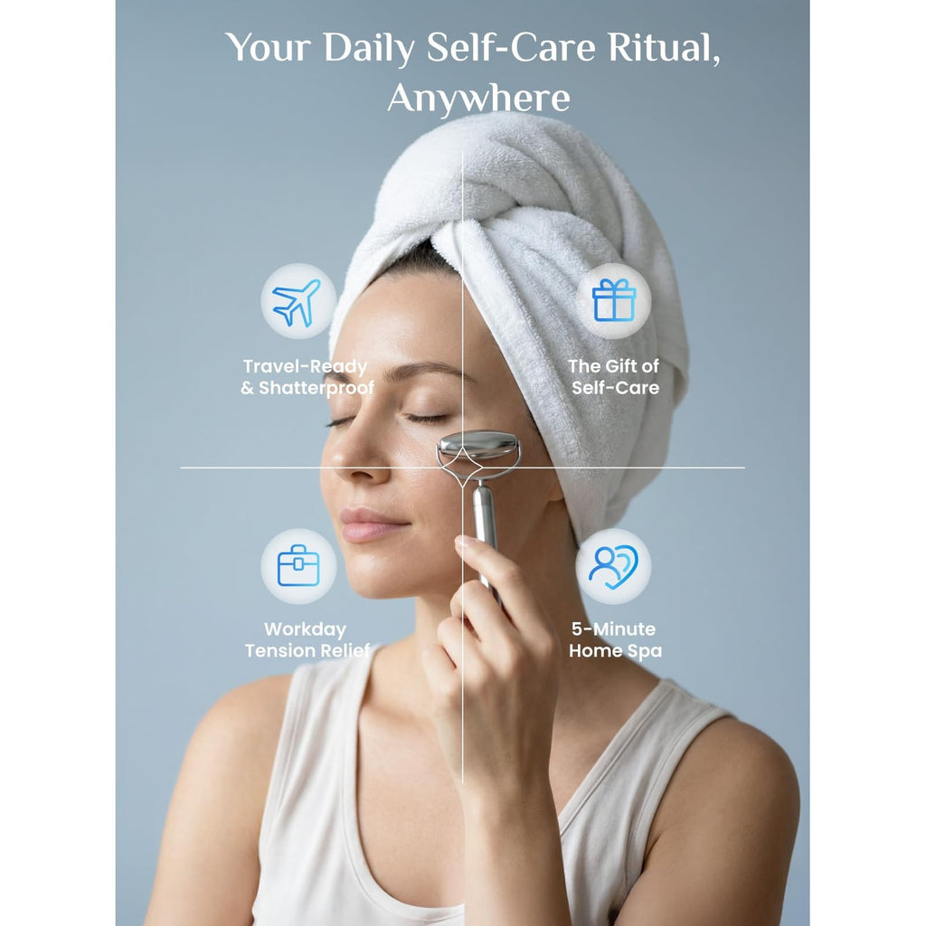 Rena Chris Gua Sha and Face Roller Set: Anti-Breakage Stainless Steel Roller for Long-Lasting Use, Jawline Sculpting and Puffiness Reducing, Gua Sha Facial Tools for Self Care Gift (Silver)