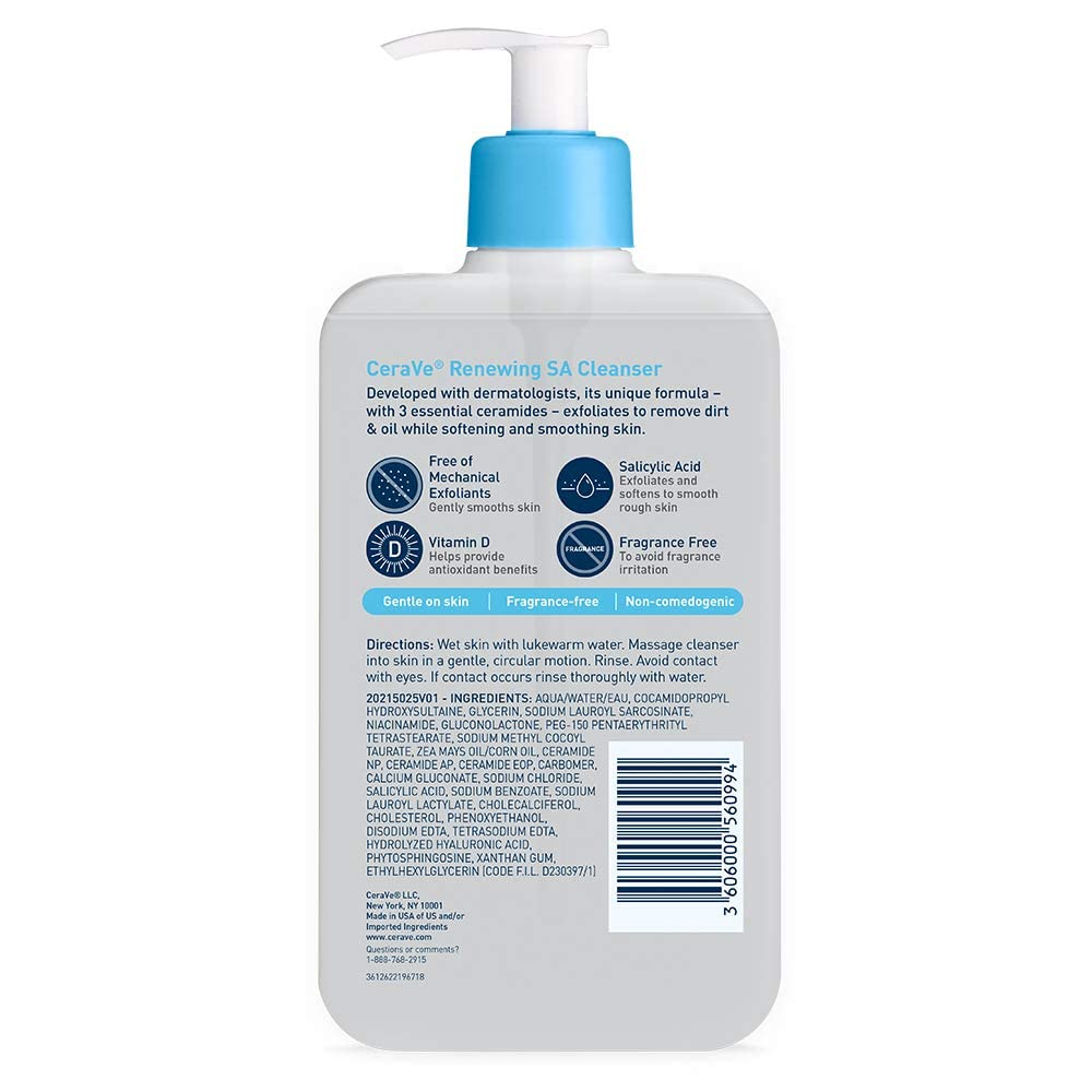 CeraVe Renewing Salicylic Acid Cleanser, BHA Exfoliating Face Wash, 16oz | Skin Care with Hyaluronic Acid & Niacinamide, Facial Cleanser, Face Cleanser, Ceramides, Fragrance Free, Non-Comedogenic