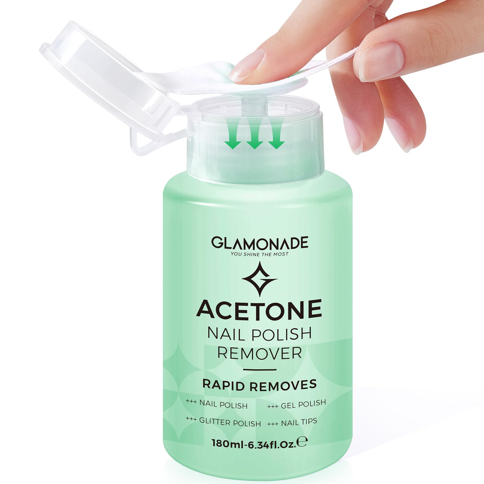 Glamonade Acetone Nail Polish Remover: Gel Polish Remover for Removal of Quick Dry Nail Polish/Gel Polish/Glitter Polish/Nail Tips | Aloe Vera Scent with Easy Push-Down Pump(6.34 Fl Oz)