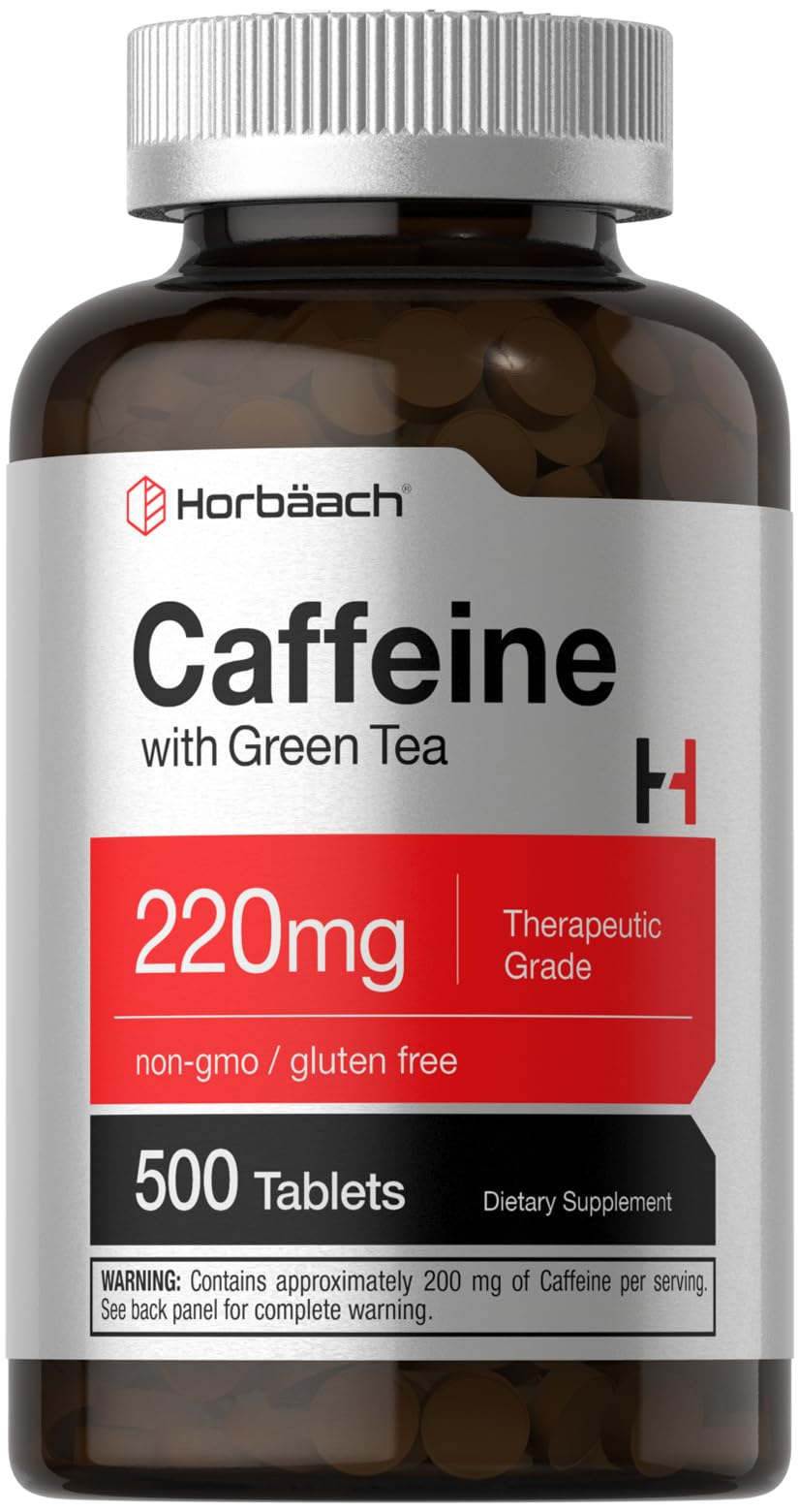 Horbäach Caffeine Pills 220mg with Green Tea | 500 Tablets | Vegetarian, Non-GMO & Gluten Free