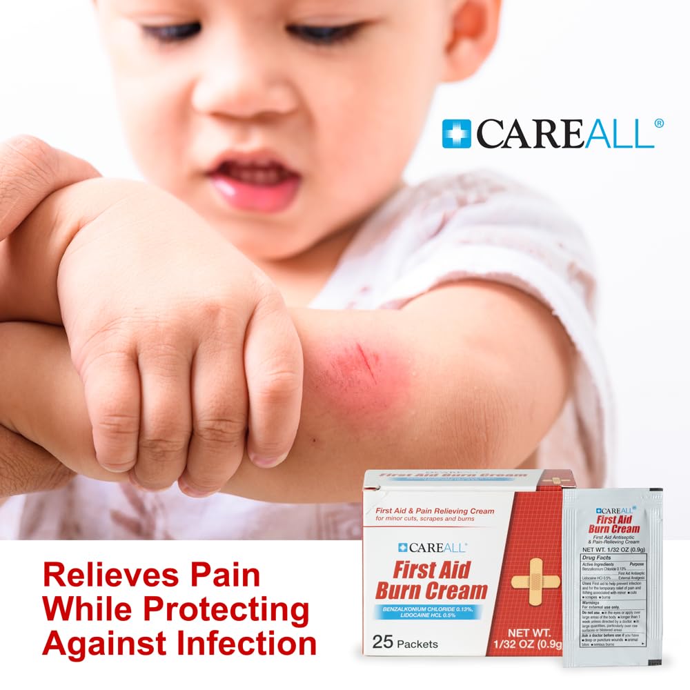 CareALL First Aid Burn Relief Cream 0.9g Packets (Pack of 25) Pain Relieving First Aid Cream for Temporary Relief of Pain from Minor Burns, Cuts, and Scrapes. Prevents Infection