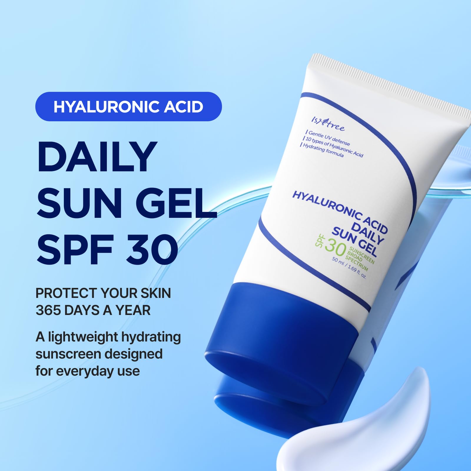 ISNTREE Hyaluronic Acid Daily Sun Gel SPF 30 | Korean Face Sunscreen with Hyaluronic Acid | Lightweight, Moisturizing Daily Sunscreen, No White Cast, 1.69 fl oz