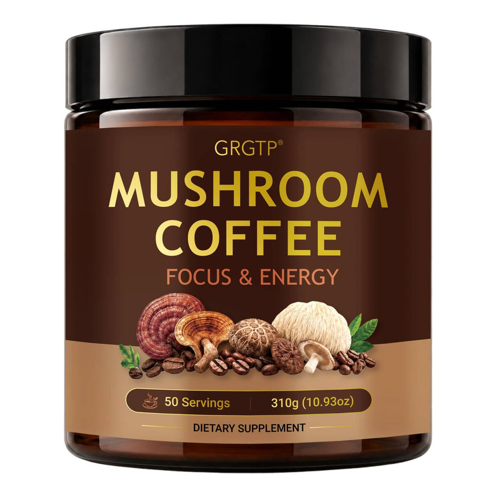 GRGTP Mushroom Coffee - Superfood Blend with 6 Adaptogens (Cordyceps, Lion's Mane, Reishi Other) | Jitter-Free Energy, Enhanced Focus, Digestion & Immunity Support | 45 Servings, Vegan, Gluten Free, Non-GMO | Smooth Flavor