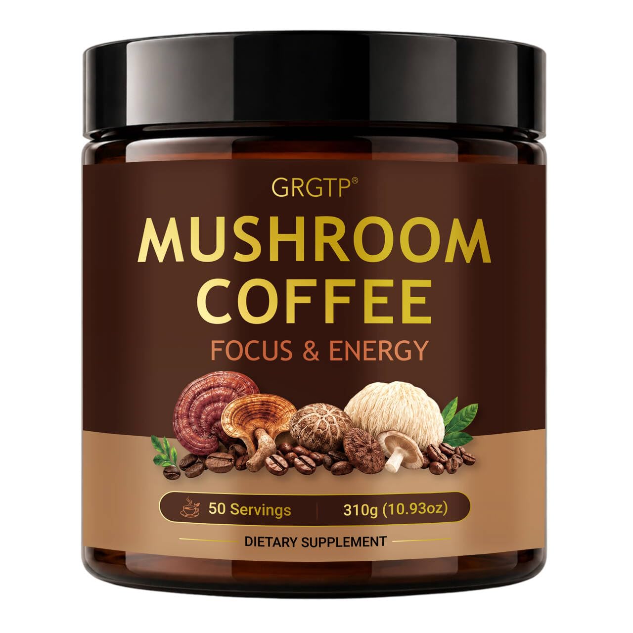 GRGTP Mushroom Coffee - Superfood Blend with 6 Adaptogens (Cordyceps, Lion's Mane, Reishi Other) | Jitter-Free Energy, Enhanced Focus, Digestion & Immunity Support | 45 Servings, Vegan, Gluten Free, Non-GMO | Smooth Flavor