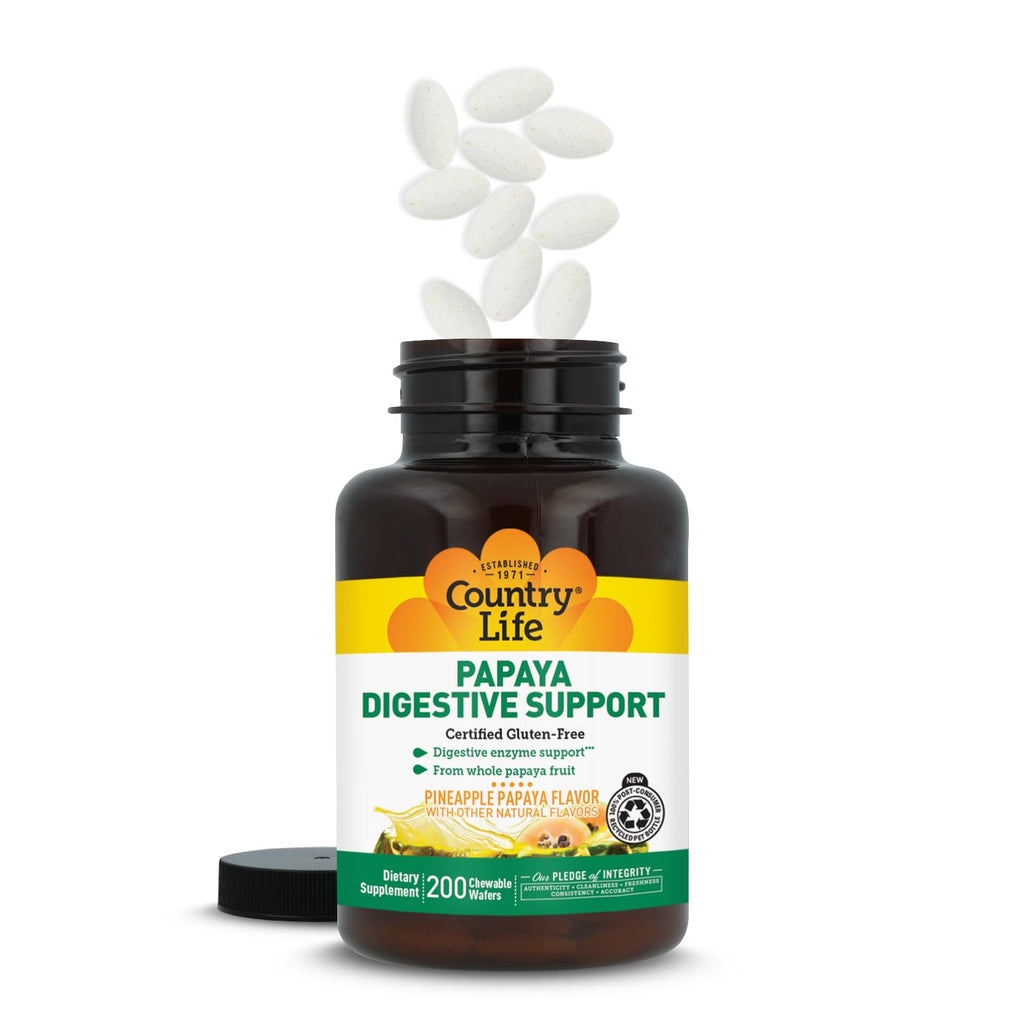 Country Life Papaya Digestive Support, 200 Chewable Wafers | Daily enzymes to promote digestive health and nutrient absorption