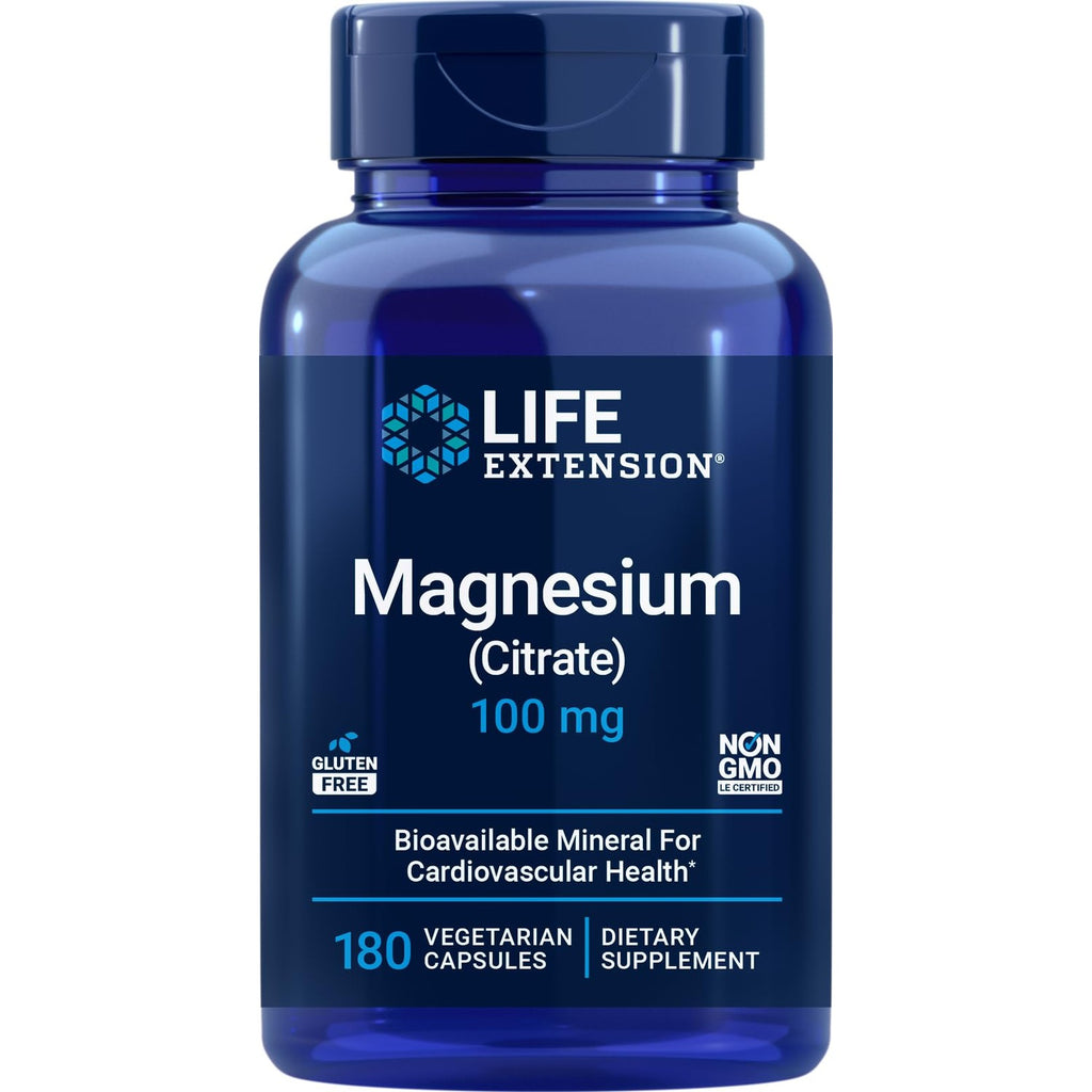 Life Extension Magnesium Citrate 100mg, 180 Vegetarian Capsules | 100 mg of Magnesium Citrate per capsule. Non-GMO, Gluten Free, Vegetarian.