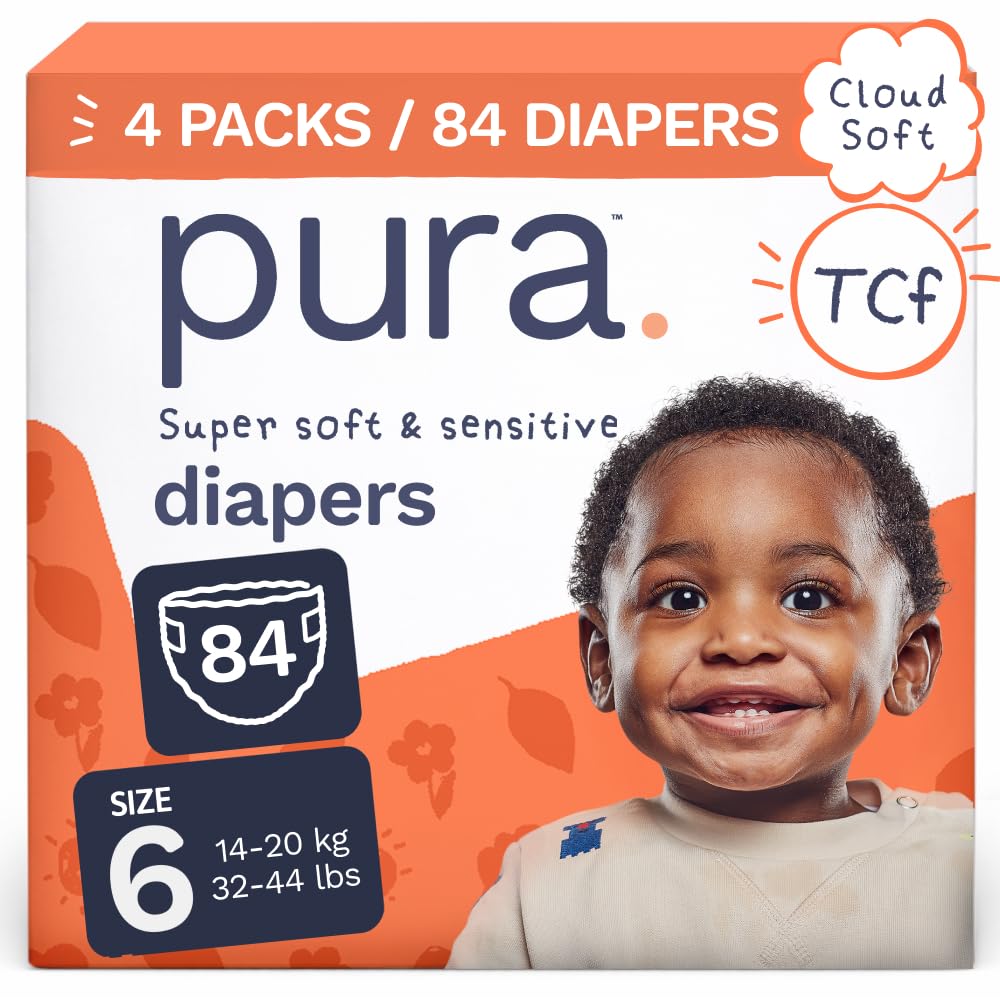 Pura Baby Diapers Size 6 (32-44 lbs) 84 Count Sensitive Skin