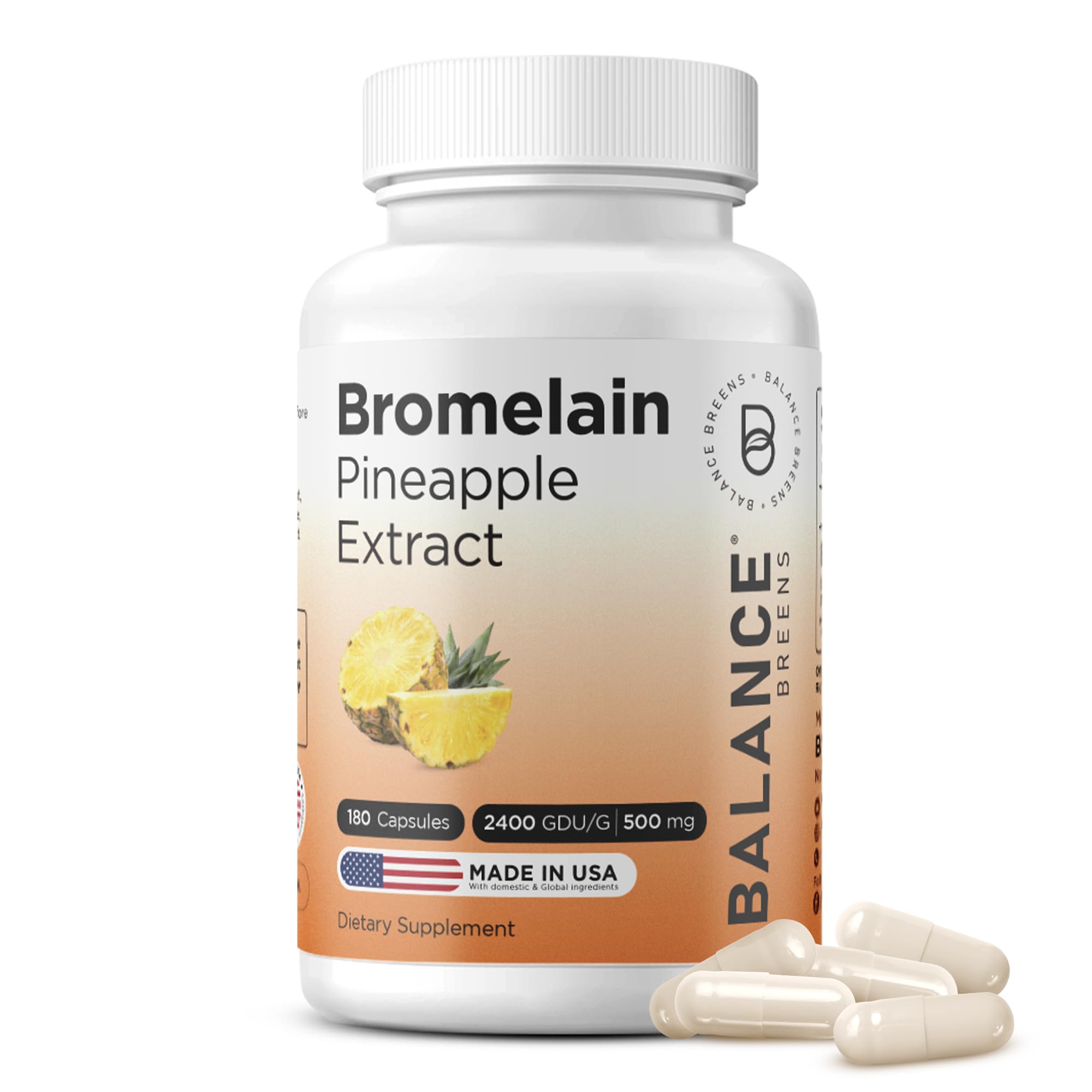 Balancebreens Bromelain 500mg Capsules, 2400 GDU Pineapple Extract, 180 Ct | 2400 GDU Bromelain, 180 Veggie Capsules, Non-GMO, Third-Party Tested, USA