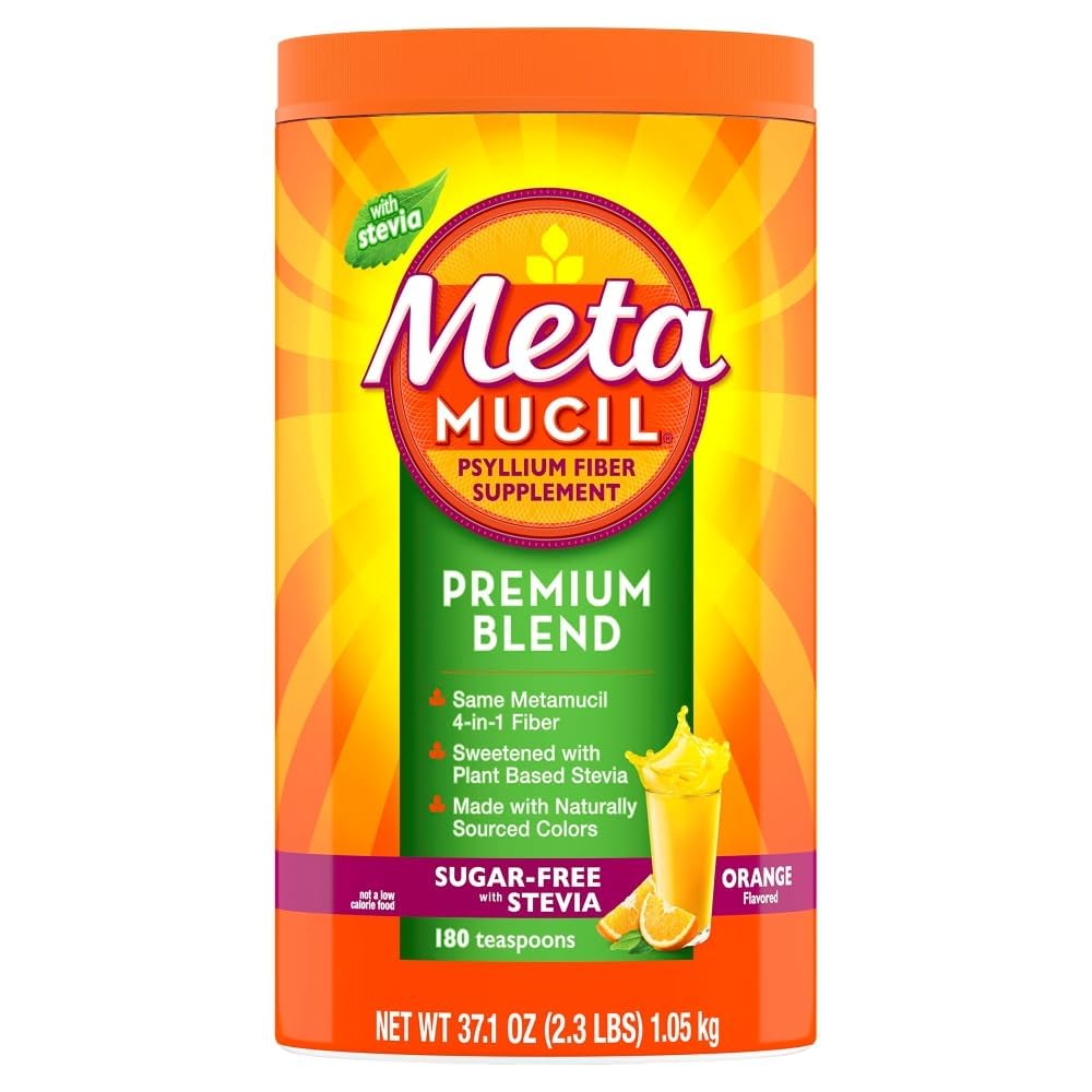 Metamucil Premium Blend, 4-in-1 Fiber Supplement for Digestive Health, Psyllium Husk Fiber Powder, Sugar-Free with Stevia, Plant-Based_Fiber Supplement, Orange Flavored, 180 teaspoons (Pack of 4)