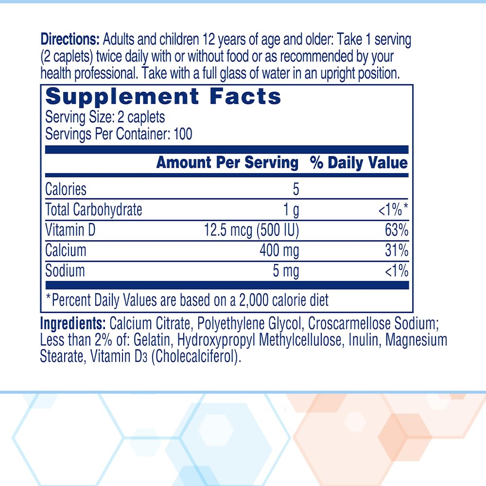 Citracal Petites, 400 mg Calcium Citrate, Easily Absorbed and Highly Soluble with 12.5 mcg (500 IU) Vitamin D3, Smaller and Easier to Swallow Caplets, 200 Count