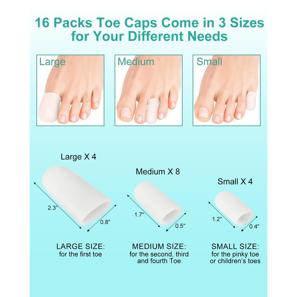 16-Pack Silicone Toe Protectors and Caps, Gel Toe Covers Bandage Sleeves for Women & Men Pain Relief, Cushion Pads for Corns, Calluses, Blisters, Toenails Loss(Clear, Mixed Sizes, 4L+8M+4S)