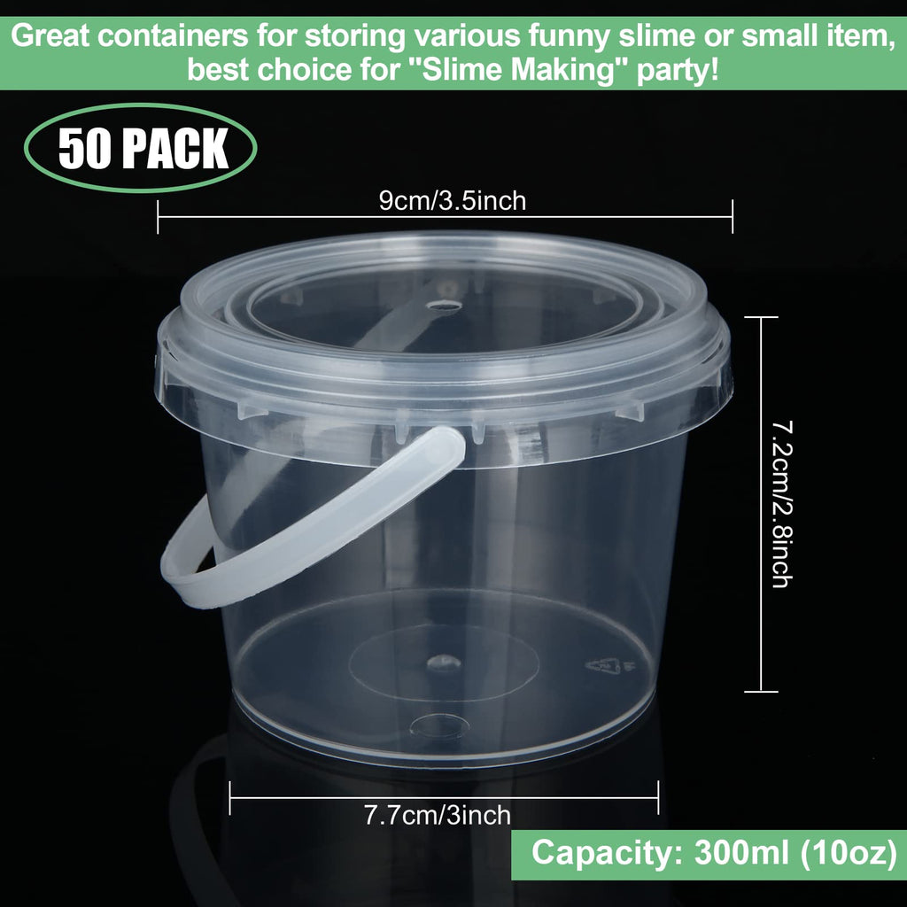 ZOEYES 50 PCS 10 oz Slime Containers with Lids and Handles, Plastic 300ml Storage Bucket Containers, Clear Slime Storage Case for Slime DIY Art Craft, Mini Toy, Pigment, Small Tools, Part Material
