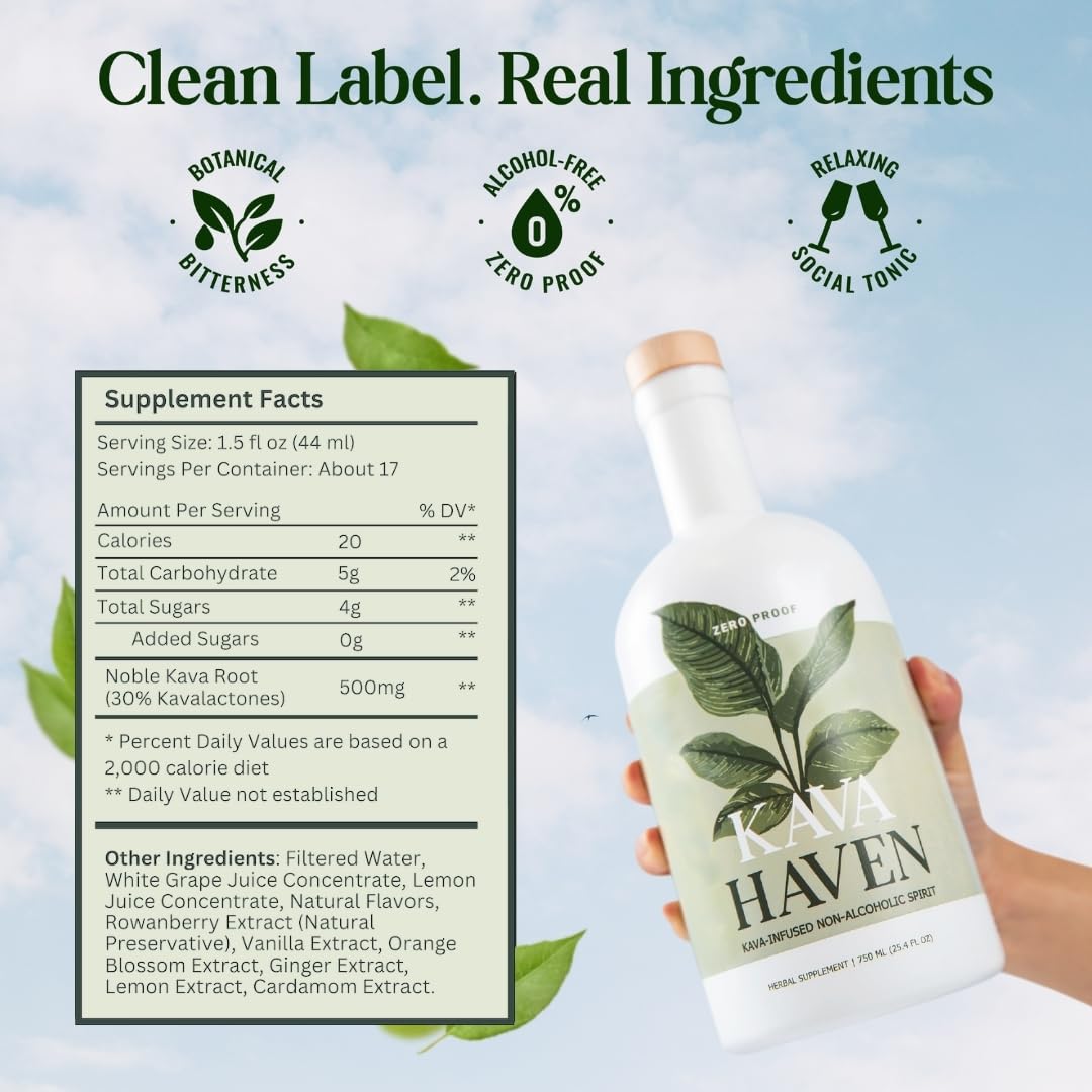 Kava Haven Non Alcoholic Spirit, 750mL Bottle | Kava Kava Drink | Non Alcohol Alternative Spirit for Mixed Drink Recipes | Low Calorie | All Natural | - Lemon Ginger Flavor (17 Servings)