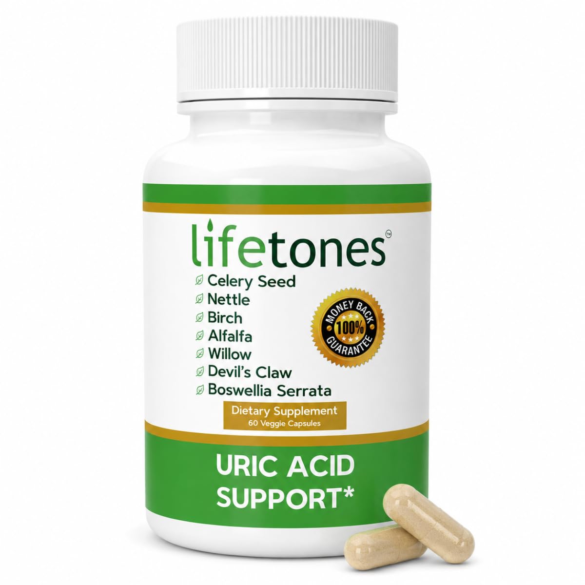 Lifetones Uric Acid Support Capsules – 7-Herb Formula with Boswellia, Devil's Claw, White Willow & Celery Seed – No Herbal Taste – Supports Healthy Uric Acid Levels & Joint Comfort – 60 Vegan Capsules