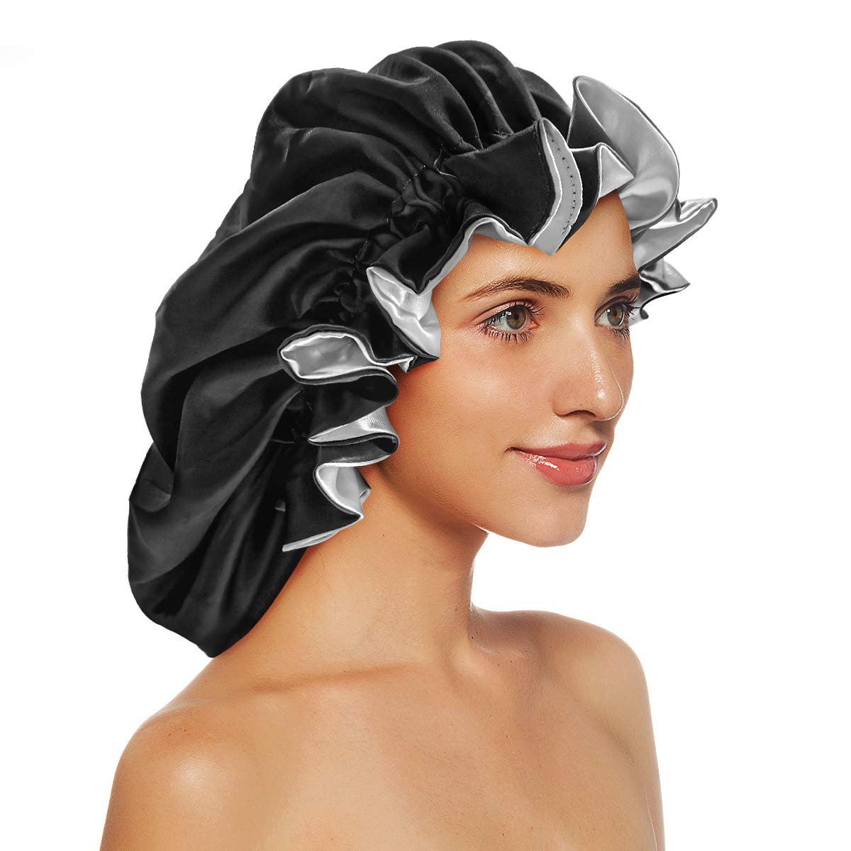 Buy now Silk Bonnets for Women,Double Layer Extra Large Satin Sleeping Cap with Elastic,Satin Bonnet for Curly Hair,Satin Cap for Natural Hair, Women Girl(Black) Black at indiglob india