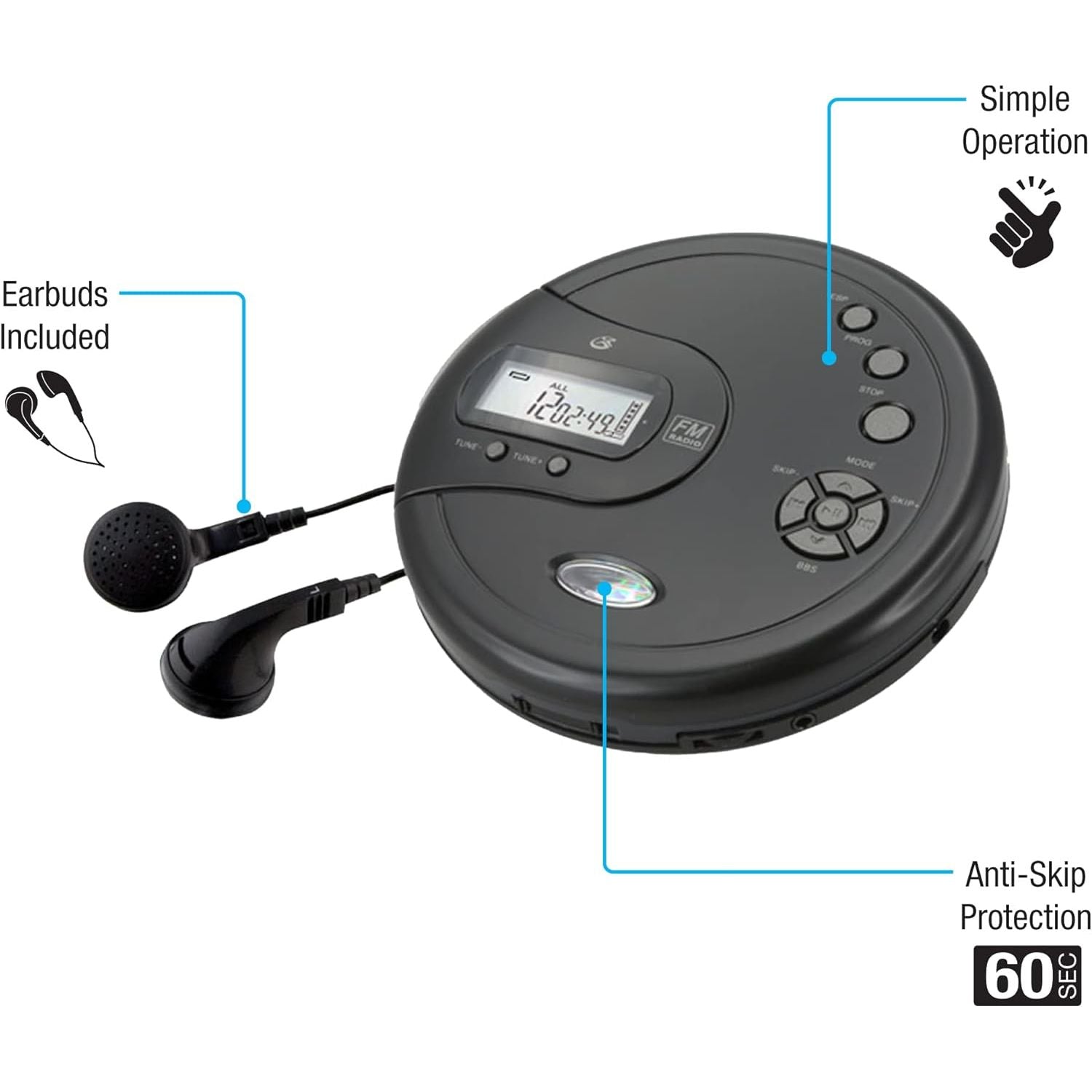 Buy now GPX PC332B Portable CD Player with Anti-Skip Protection, FM Radio and Stereo Earbuds - Black at indiglob india