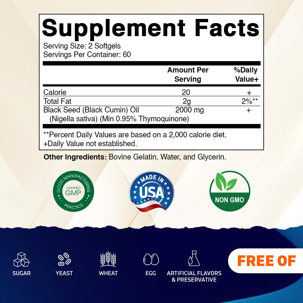 Vitamatic Black Seed Oil 2000 mg Per Serving, Cold-Pressed Nigella Sativa (Black Cumin) Oil, High Potency Softgels for Daily Wellness Support, 120 Count