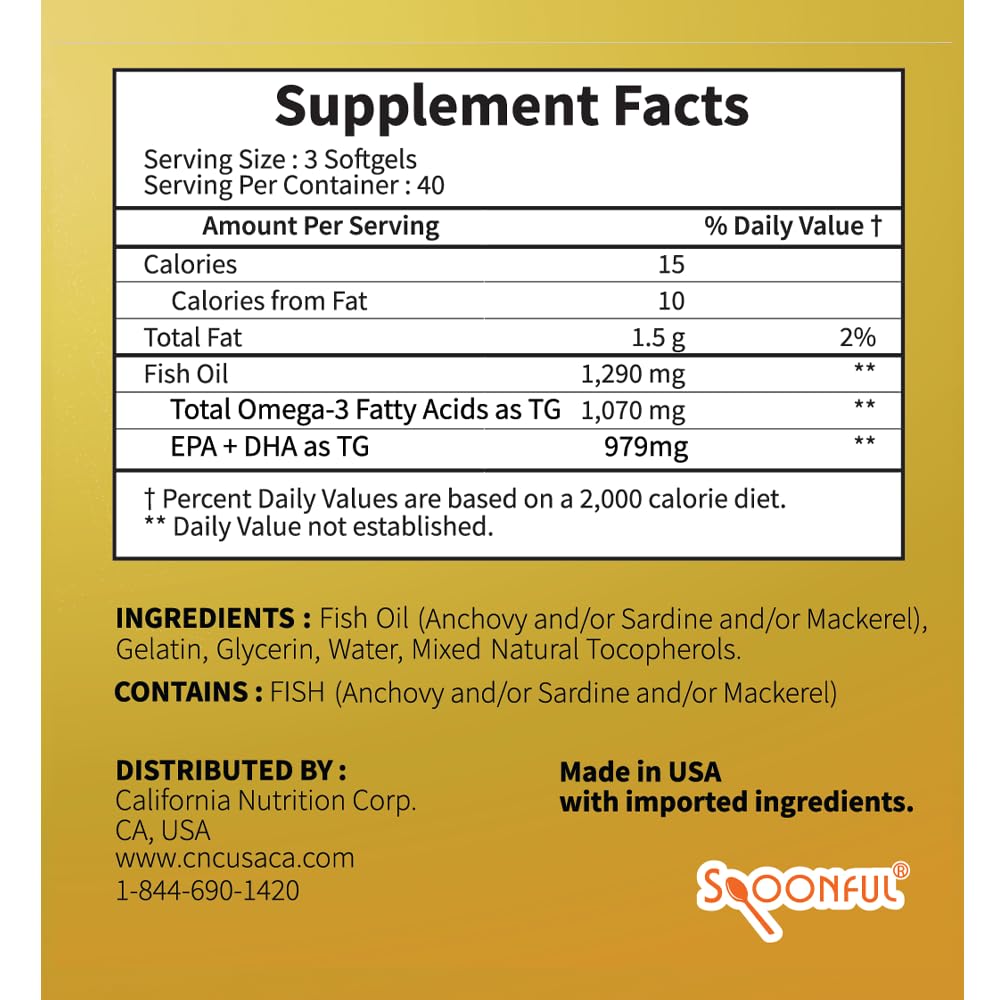 Spoonful Mini Omega 3 Fish Oil, iFOS Certified, 1290 mg Per Serving, 120 Softgels Pearls, Small Size Easy to Swallow Capsules, Made in USA