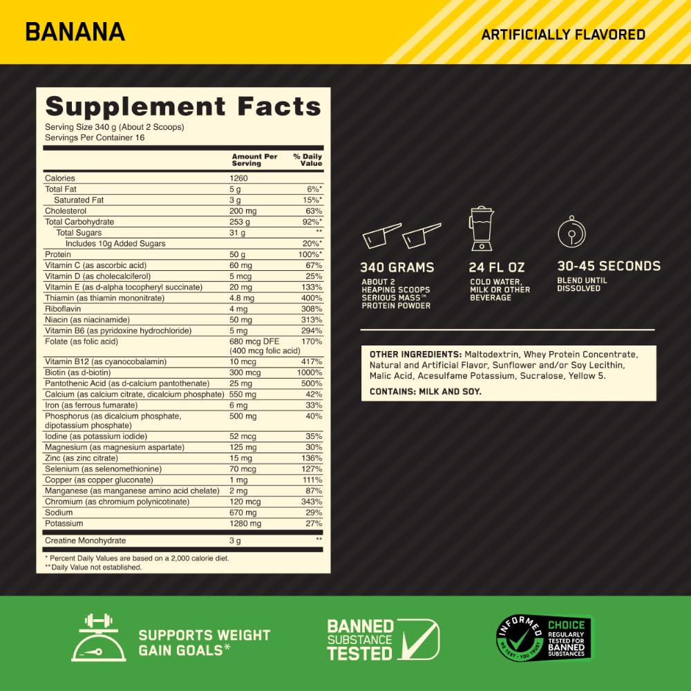 Buy now Optimum Nutrition Serious Mass, Weight Gainer Protein Powder, Mass Gainer, Vitamin C and Zinc for Immune Support, Creatine, Banana, 12 Pound (Packaging May Vary) at indiglob india