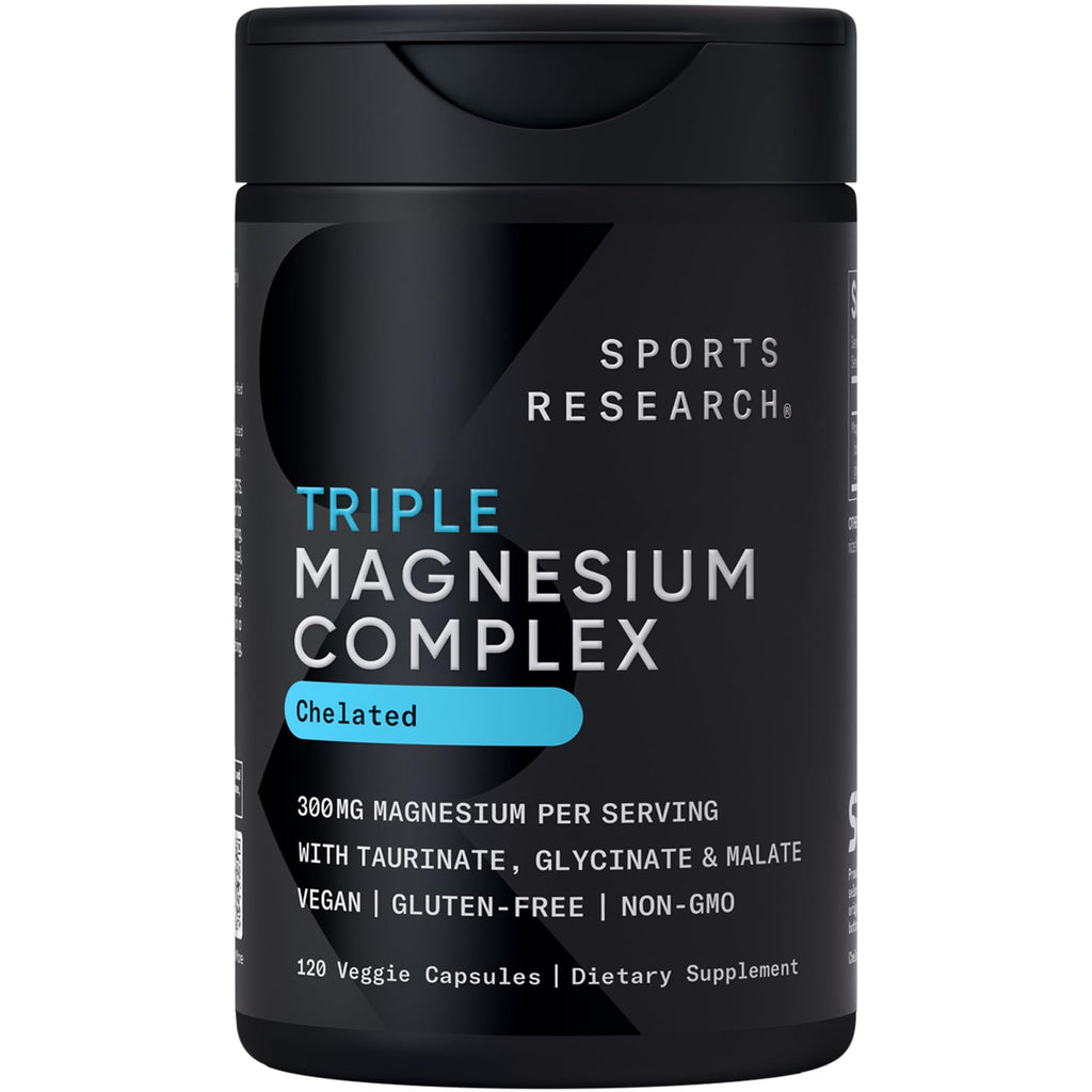 Sports Research® Triple Magnesium Complex 300mg, 120 Veggie Capules | Cheleated Magnesium Glycinate, Taurinate & Malate (Chelamax®) for Enhanced Bioavailability* - Non-GMO, Certified Vegan