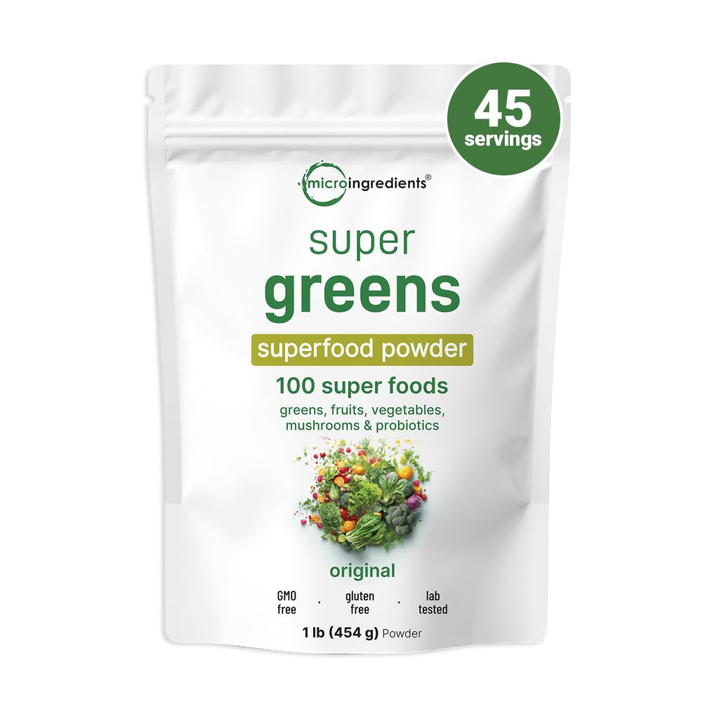 Micro Ingredients Super Greens Powder, 100 Superfoods, Green Drink Mix, 1lb | Superfood Blend with Daily Greens, Probiotics, Fruits, Vegetables & Mushrooms | 45 Servings | Non-GMO, Gluten-Free