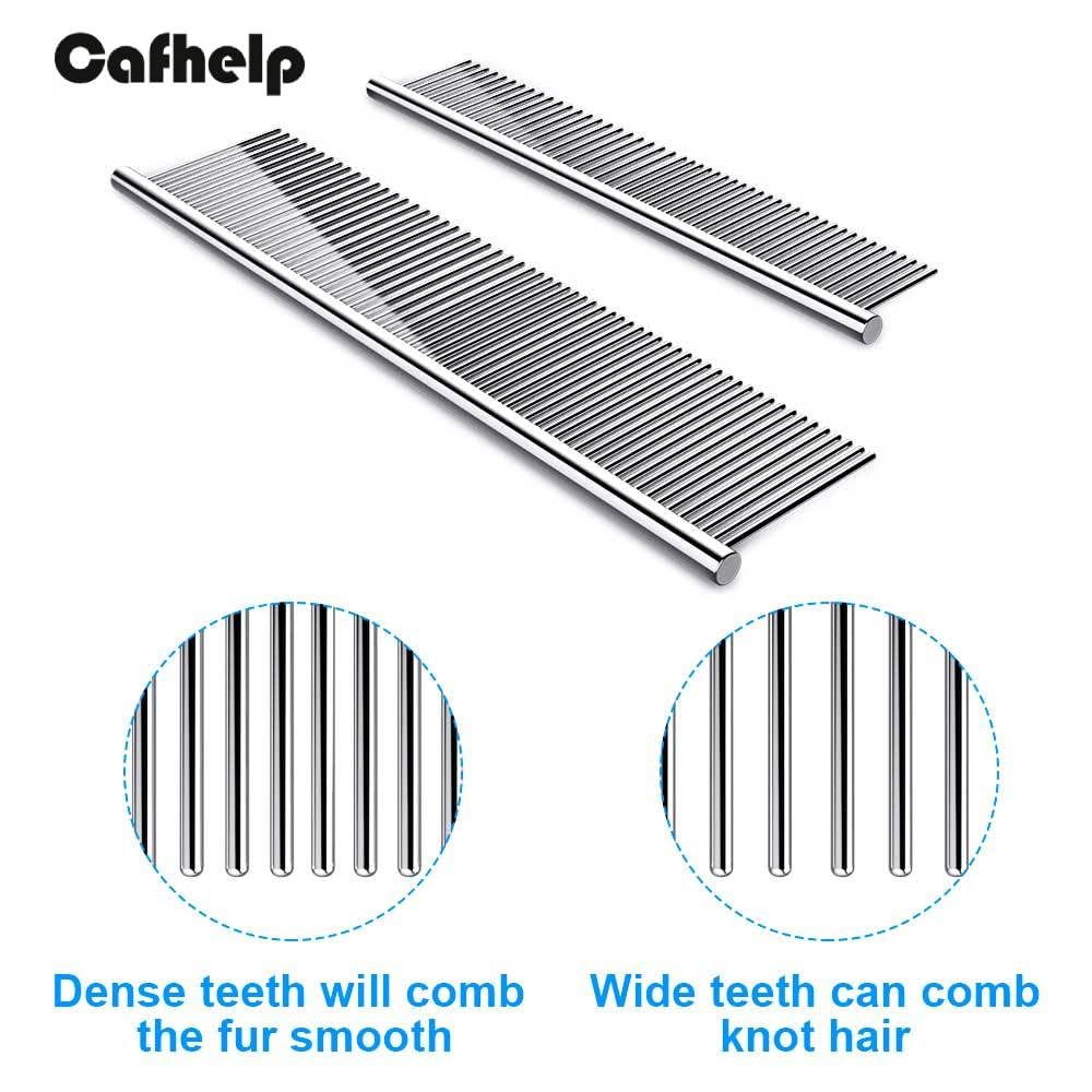 Cafhelp 2 Pack Dog Combs with Rounded Ends Stainless Steel Teeth, Cat Comb for Removing Tangles and Knots, Professional Grooming Tool for Long and Short Haired Dog, Cat and other pets, 6.3IN/7.4IN