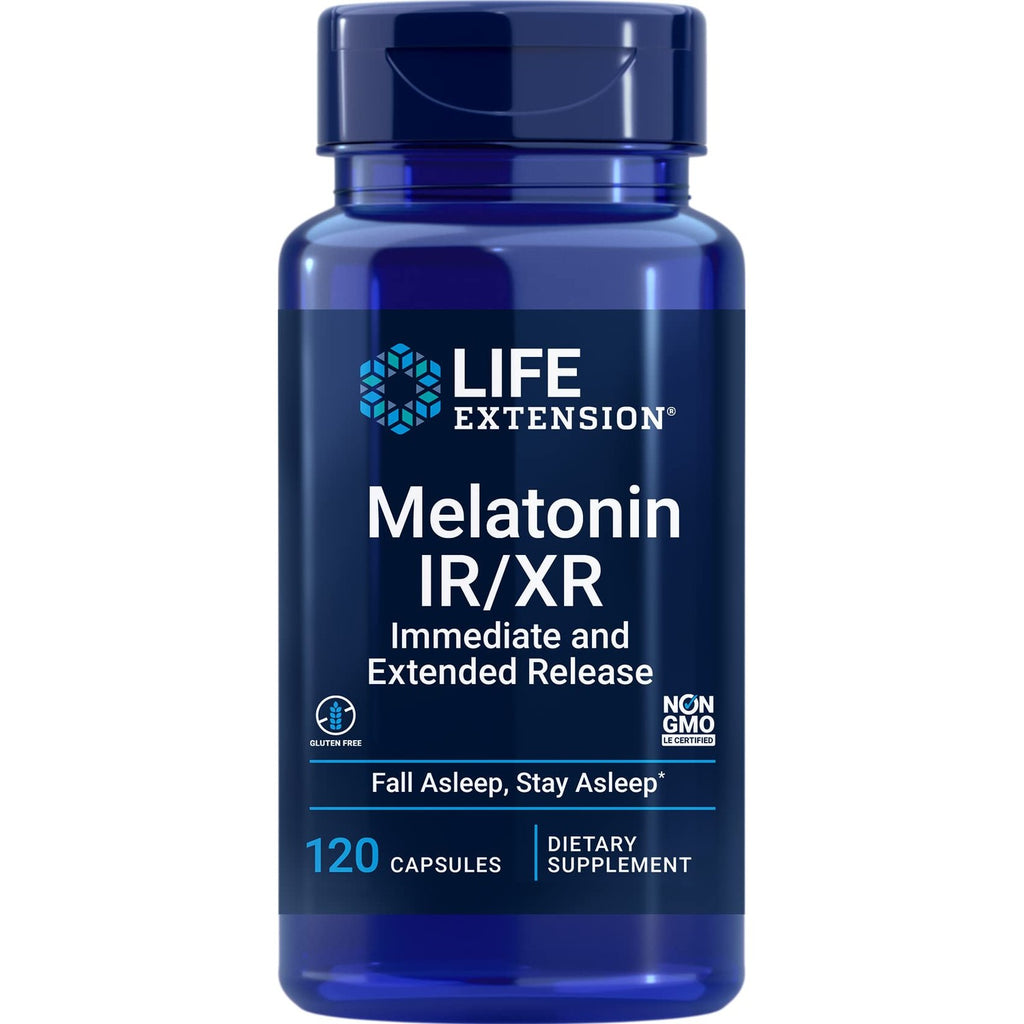 Life Extension Melatonin IR/XR 120 Capsules - Immediate & 7 Hour Extended-Release - Night Time Supplement - Supports Staying Asleep - Non-GMO, Gluten-Free