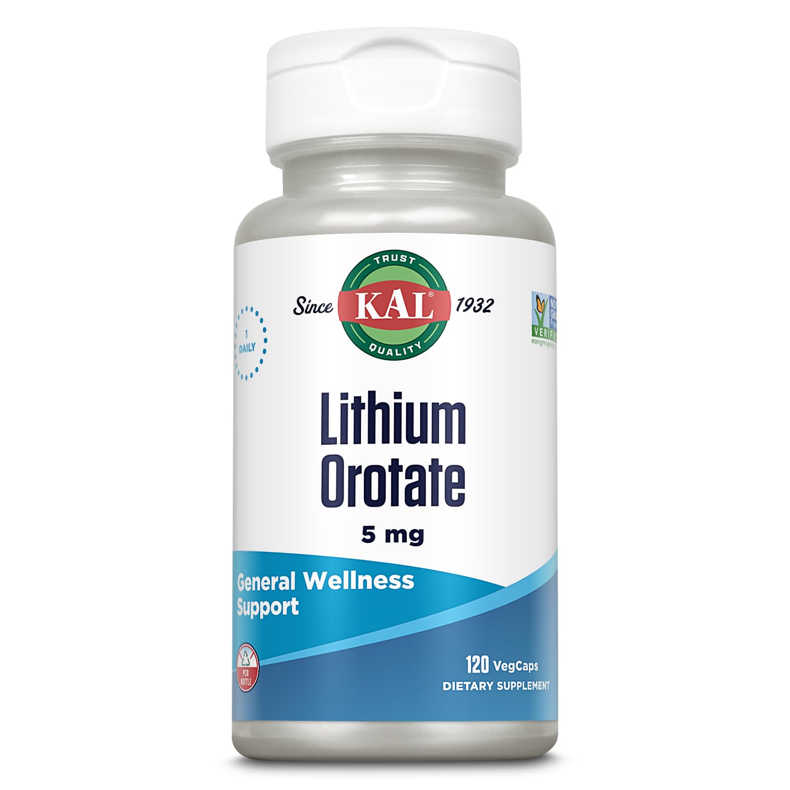 KAL Lithium Orotate 5 mg, 120 VegCaps | Mood & General Wellness Support, Highly Bioavailable Low Dose Lithium Supplement, 120 Servings, Vegan & Lab Verified