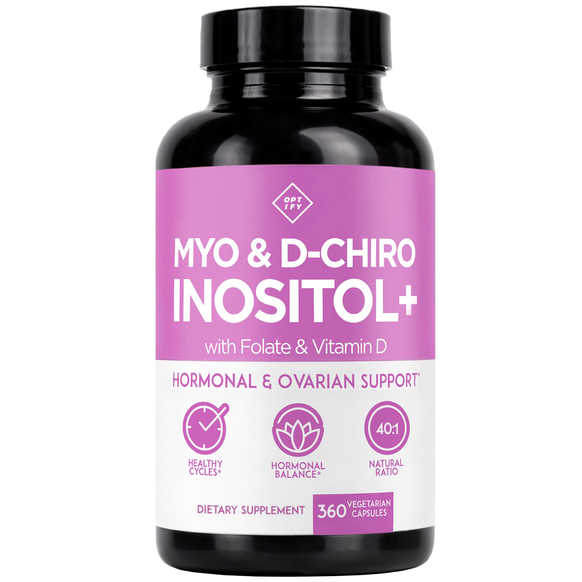 Optify Myo-Inositol & D-Chiro Inositol Supplement for Women | 40:1 Ratio Plus Folate and Vitamin D | Support Healthy Hormonal Balance, Regular Cycles, & Ovarian Health (120 Count (Pack of 1))
