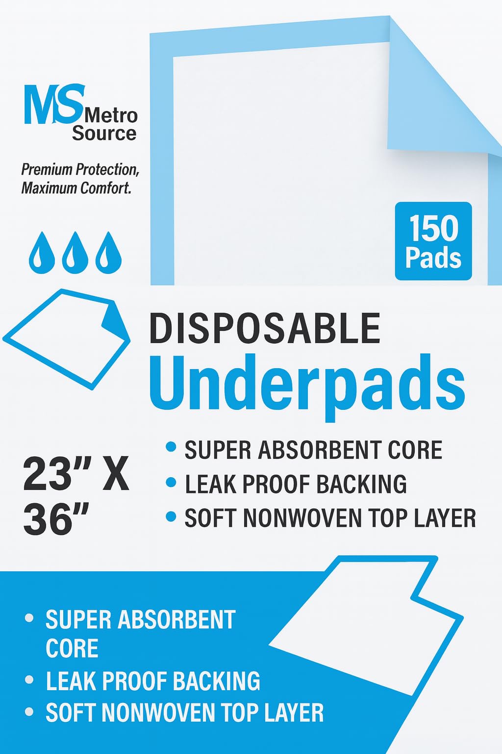 Disposable Underpads 23x36, 150 Count for Adults, Elderly & Baby