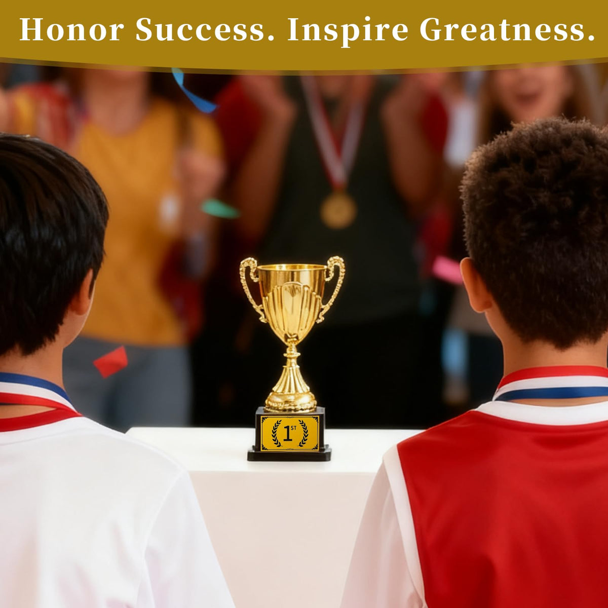 7.48" Gold Plastic Trophy Award with Pre-Attached 1st Place Label, Small Winner Cup for Kids Sports, Parties, School Competitions