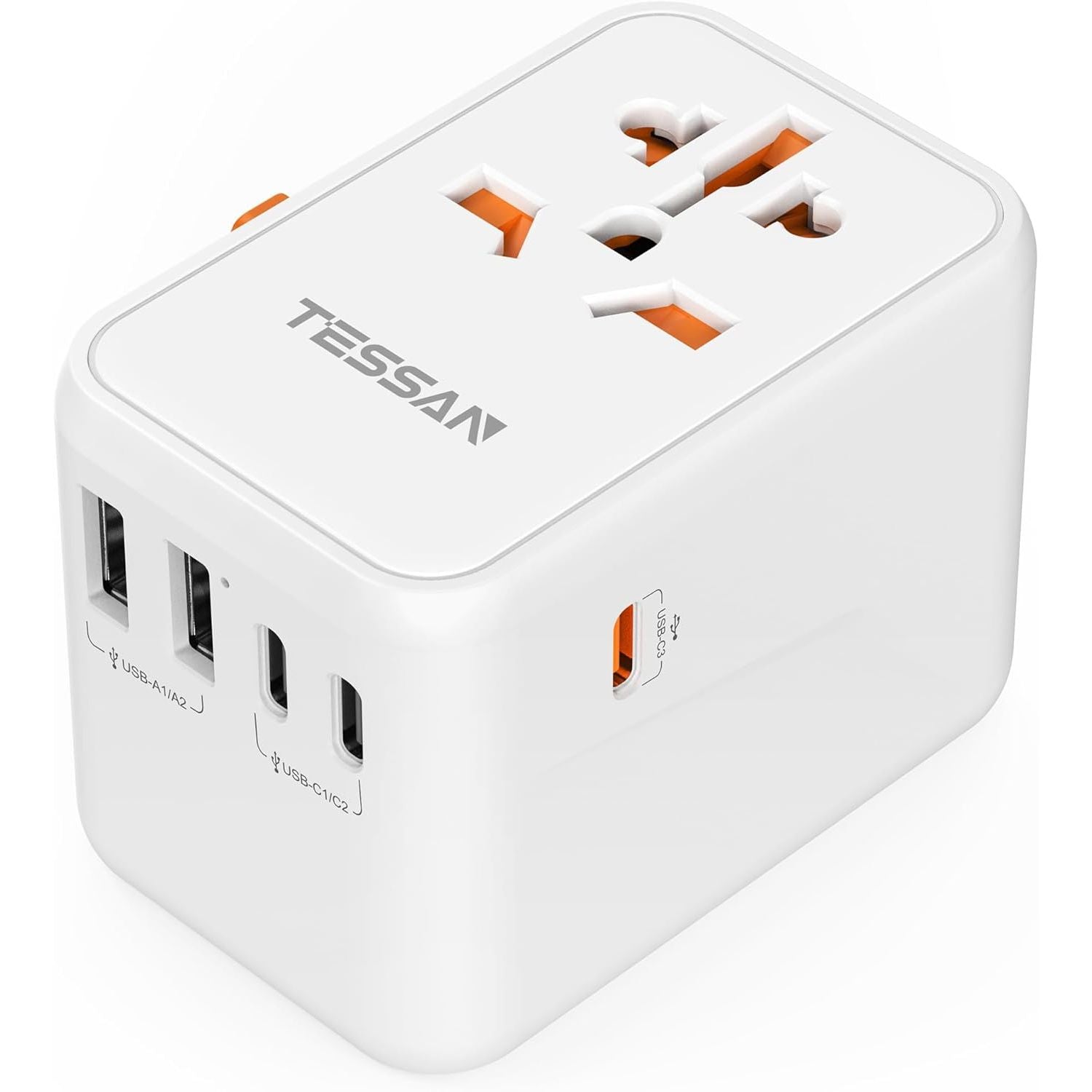 Buy now TESSAN Universal Travel Adapter, International Power Adapter 5.6A 28W 3 USB C 2 USB A Ports, Travel Worldwide Plug Adaptor, Outlet Wall Charger for Europe UK EU AUS (Type C/G/A/I) Snow white at indiglob india